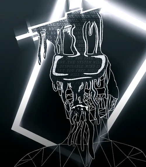 Superhot fanart. Polygonal black and white digital portrait of a SUPERHOT player, wearing their VR headset. It is leaking a black fluid containing the text of the game's mantras, 'mind is software body is disposable the system will set me free'.