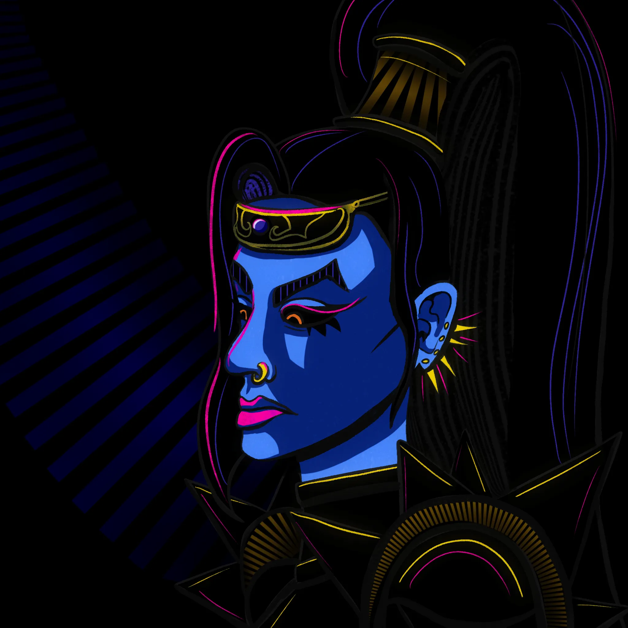 A digital colour portrait of Megaera from Hades, with bright neon colours - her armour is outlined with a neon glow.