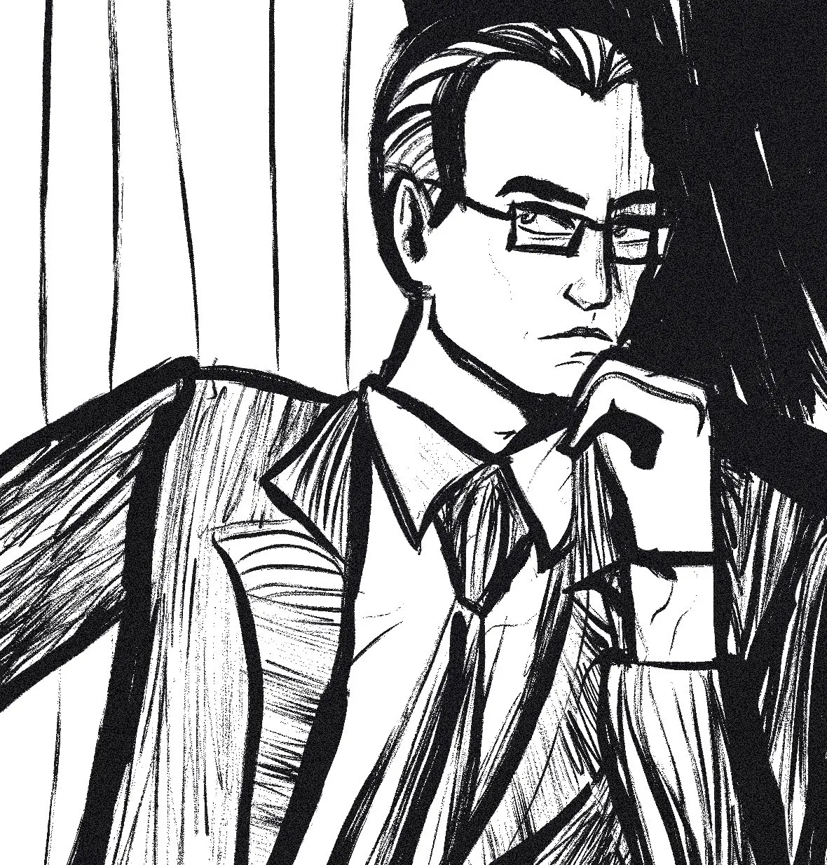 A digital ink sketch of Charles Foster Offdensen from Metalocalypse, from the chest up. He rests his head on his closed fist.