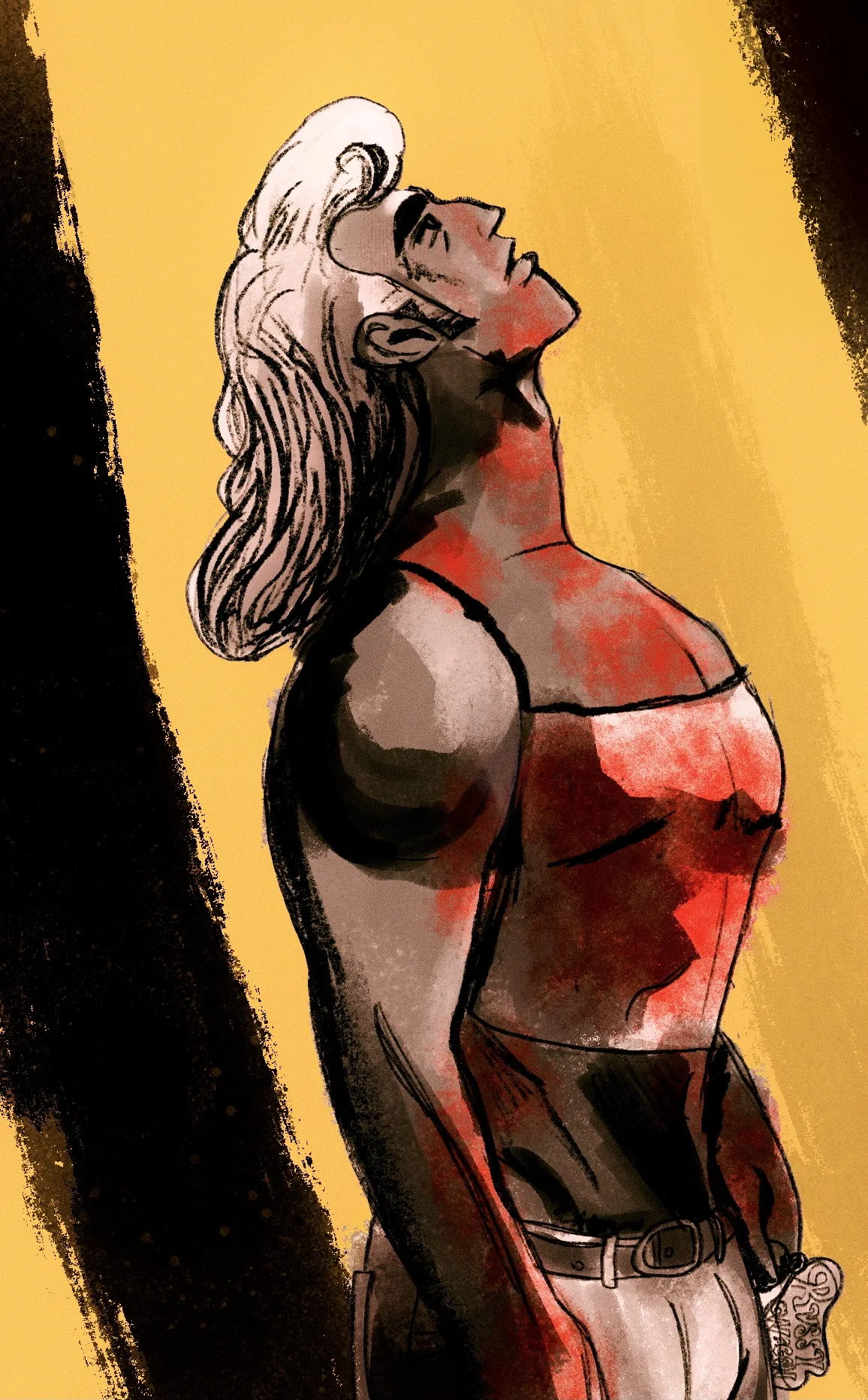 Sketch of Brock Samson, covered in blood in the outfit the Bride wears in Kill Bill. He is holding keys to the Russy Wagon.