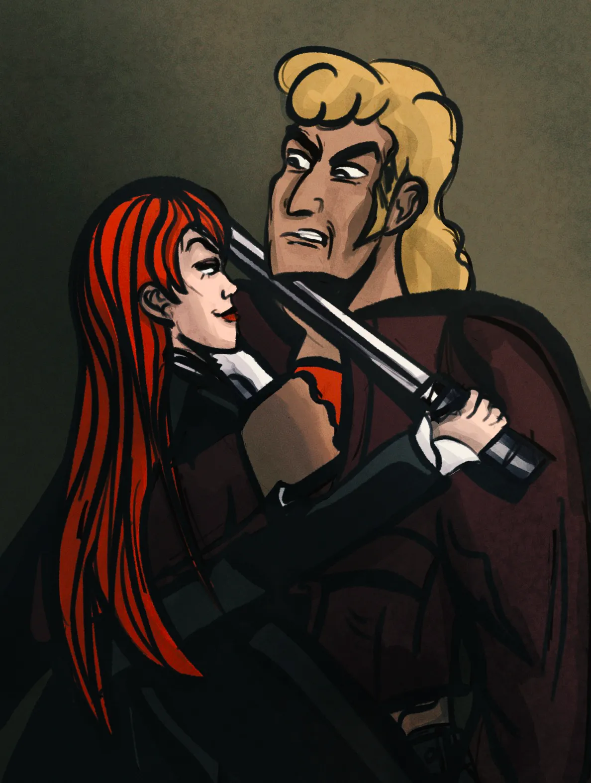 Sketch of Brock and Molotov from the Venture Bros. They're dressed as the Bride (Brock) and Elle Driver (Molotov) - Molotov holds a katana to Brock's throat while Brock has his Bowie knife to hers.