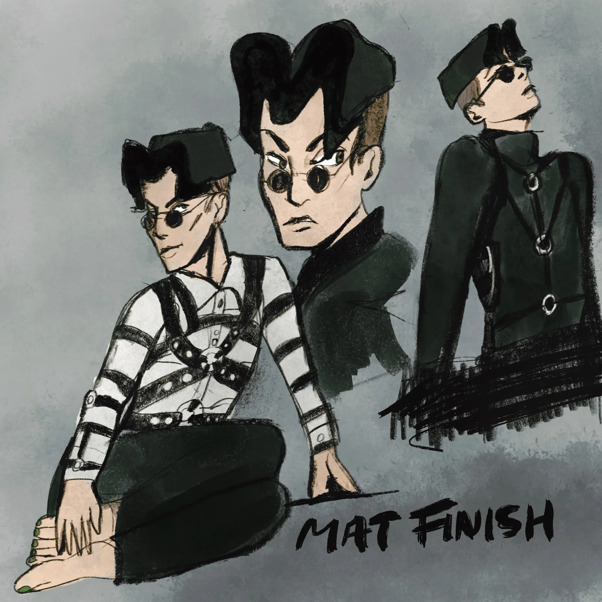 An early reference sheet for Mat Finish, including them in a bondage harness and with painted toenails Bunny Lebowski style.