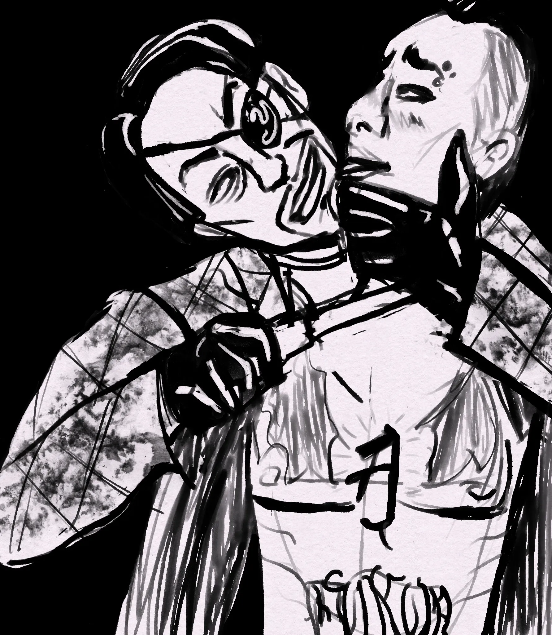 Sketch of Majima and Minami from yakuza. Majima grins, holding a knife to Minami's throat while he holds his head in position. Minami, shirtless, blushes in anticipation.