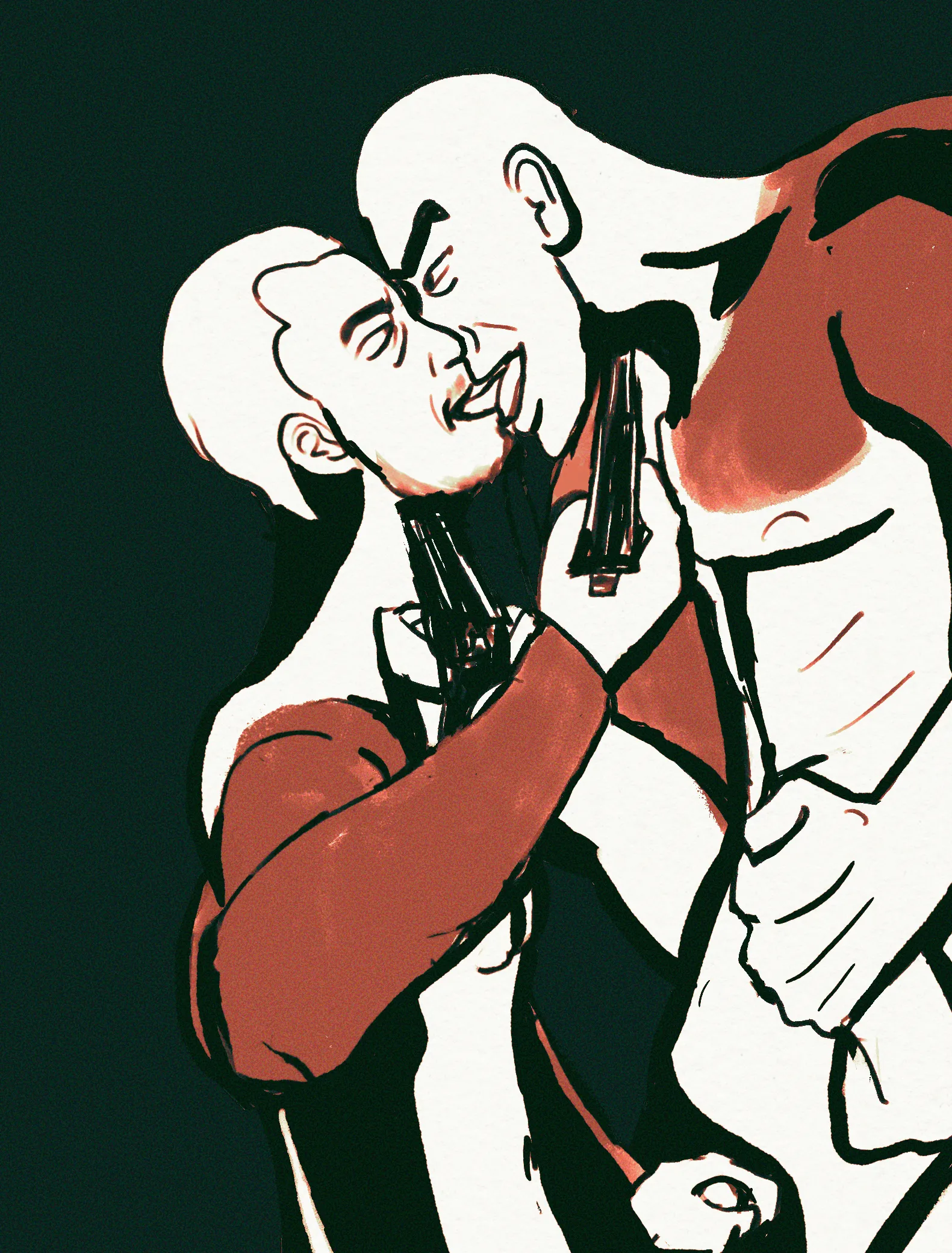 Sketch of Shimano and Sagawa, kissing while holding guns to each other's necks. Shimano grips his own huge cock in his other hand.