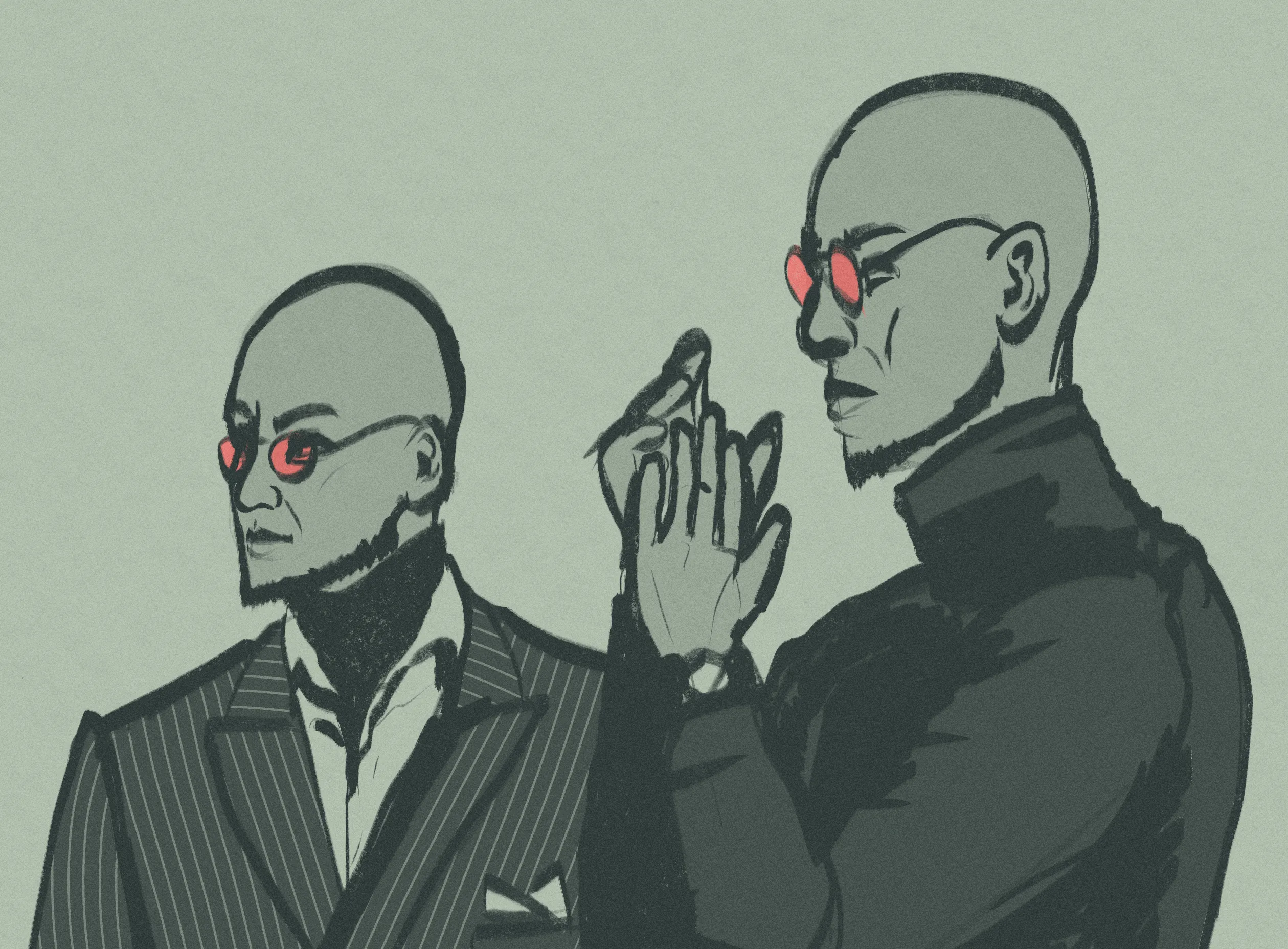Two sketch portraits of Hugo side by side - one in a sharp suit, one in a nice turtleneck.
