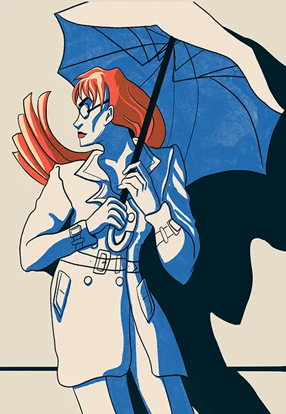 Molotov from Venture Bros wearing an all-white outfit reminiscent of Elle Driver from Kill Bill. She poses and holds a parasol