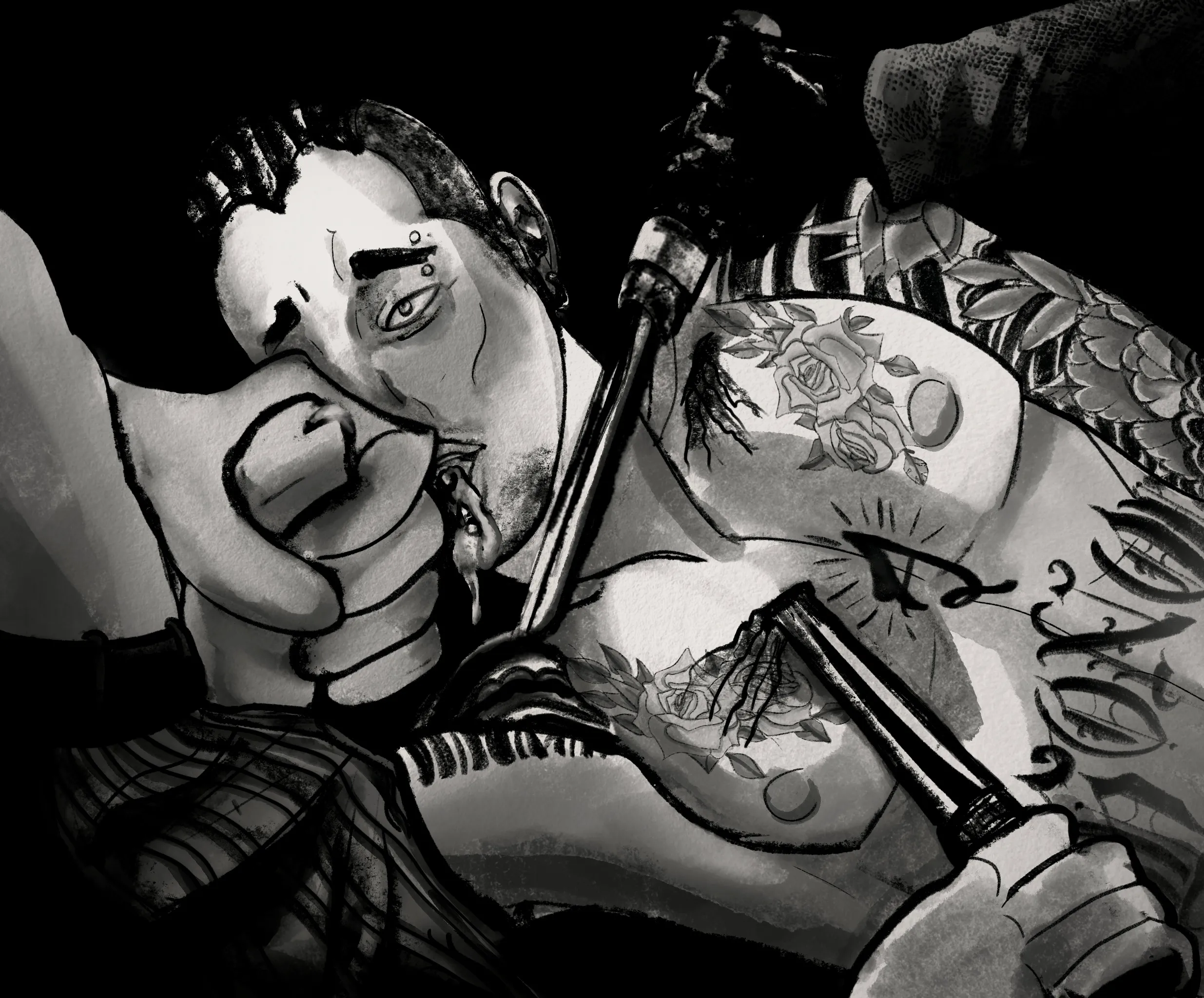 POV shot (black and white paint/sketch). Minami from RGG lying shirtless, clearly having been cut up. Nishitani (offscreen) is digging a knife into the surface of his chest, while gripping his cock with the other hand. Majima is holding a knife to his throat.
