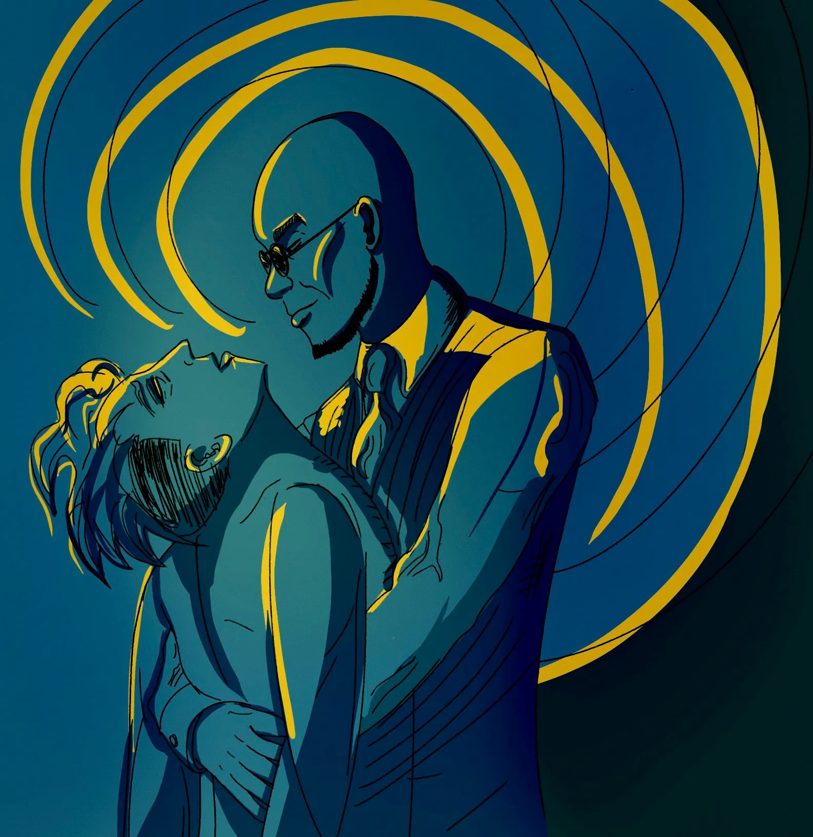 Hugo holds my tranced-out self-insert in his arms.