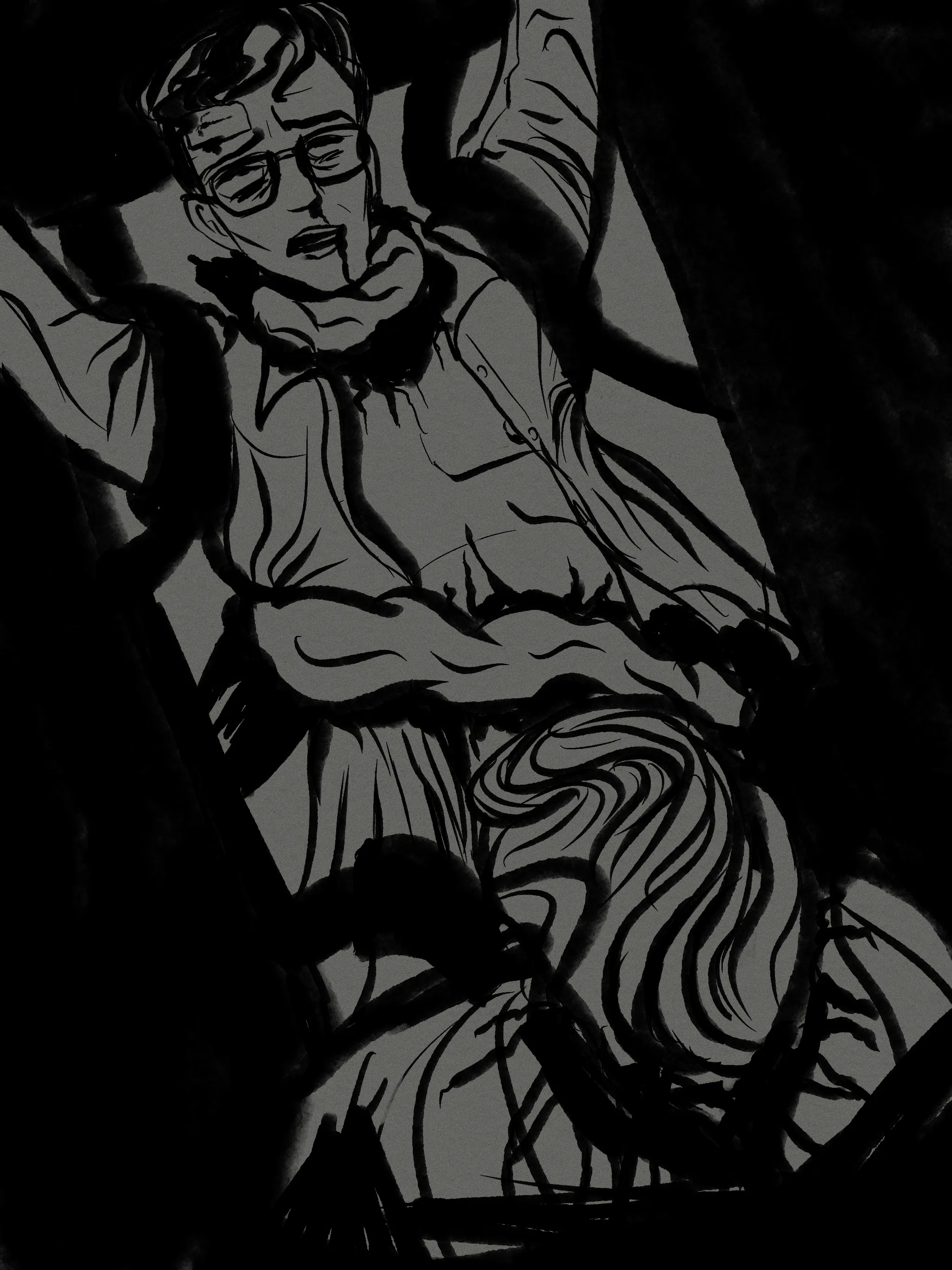 Sketch of Herbert West and Carl Hill. It's top-down and mostly focused on a vulnerable Herbert, strapped to an operating table. Carl has his own severed head balanced bloodily on, presumably, his own torso. Carl's guts are wrapped around Herbert's torso and neck bondage-style (the same as in the last scene of the first Re-Animator film). Herbert is sweating, aroused, appears to have been lobotomised judging from the bloody bandage on one of his temples.