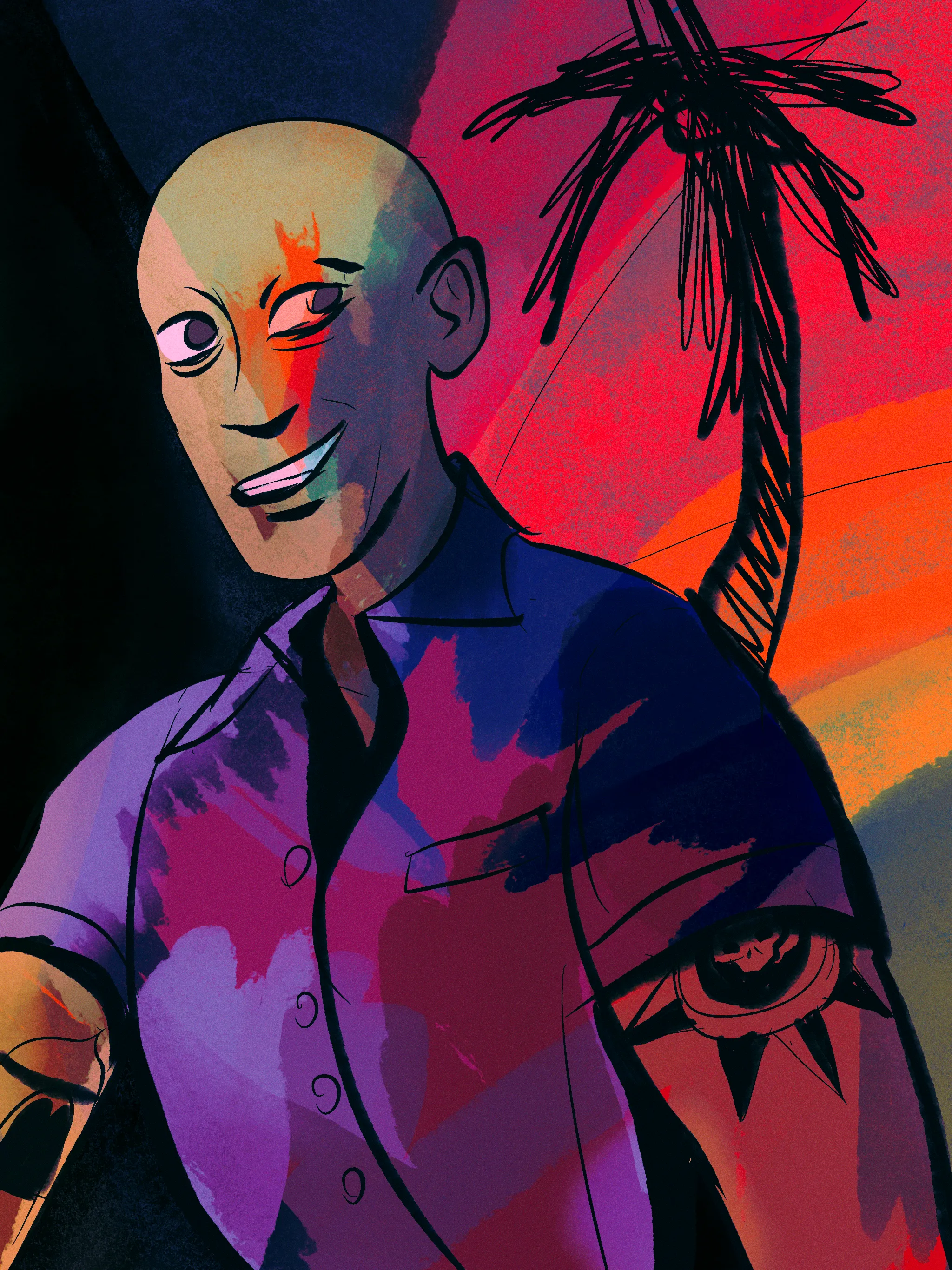 A colour sketch of Noho Hank from Barry, in neon colours.