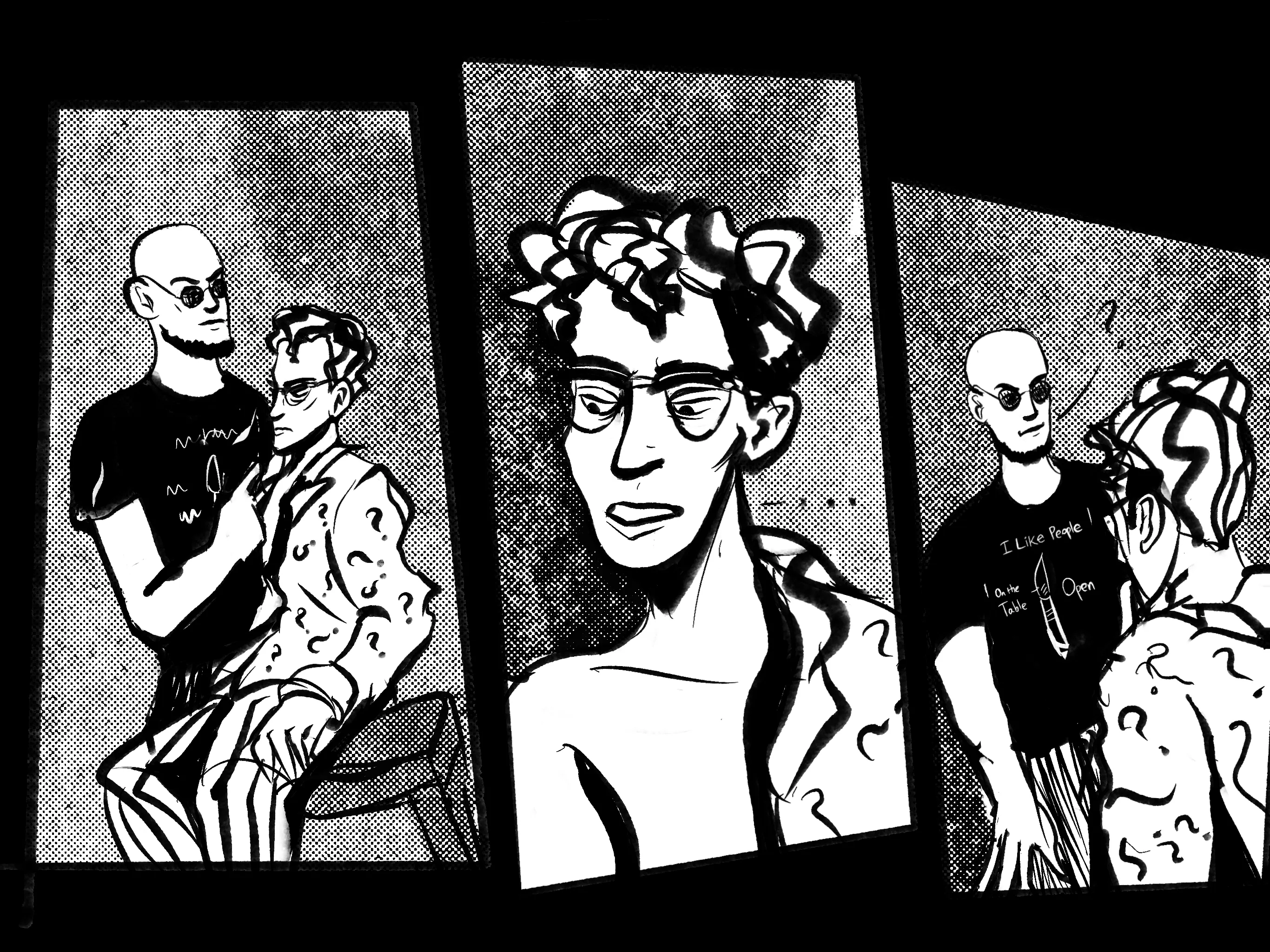 Three panel sketch comic. Hugo is tending to a comic Riddler's wounds. Riddler looks with trepidation at Hugo's t-shirt. It says 'I like people on the table open'.
