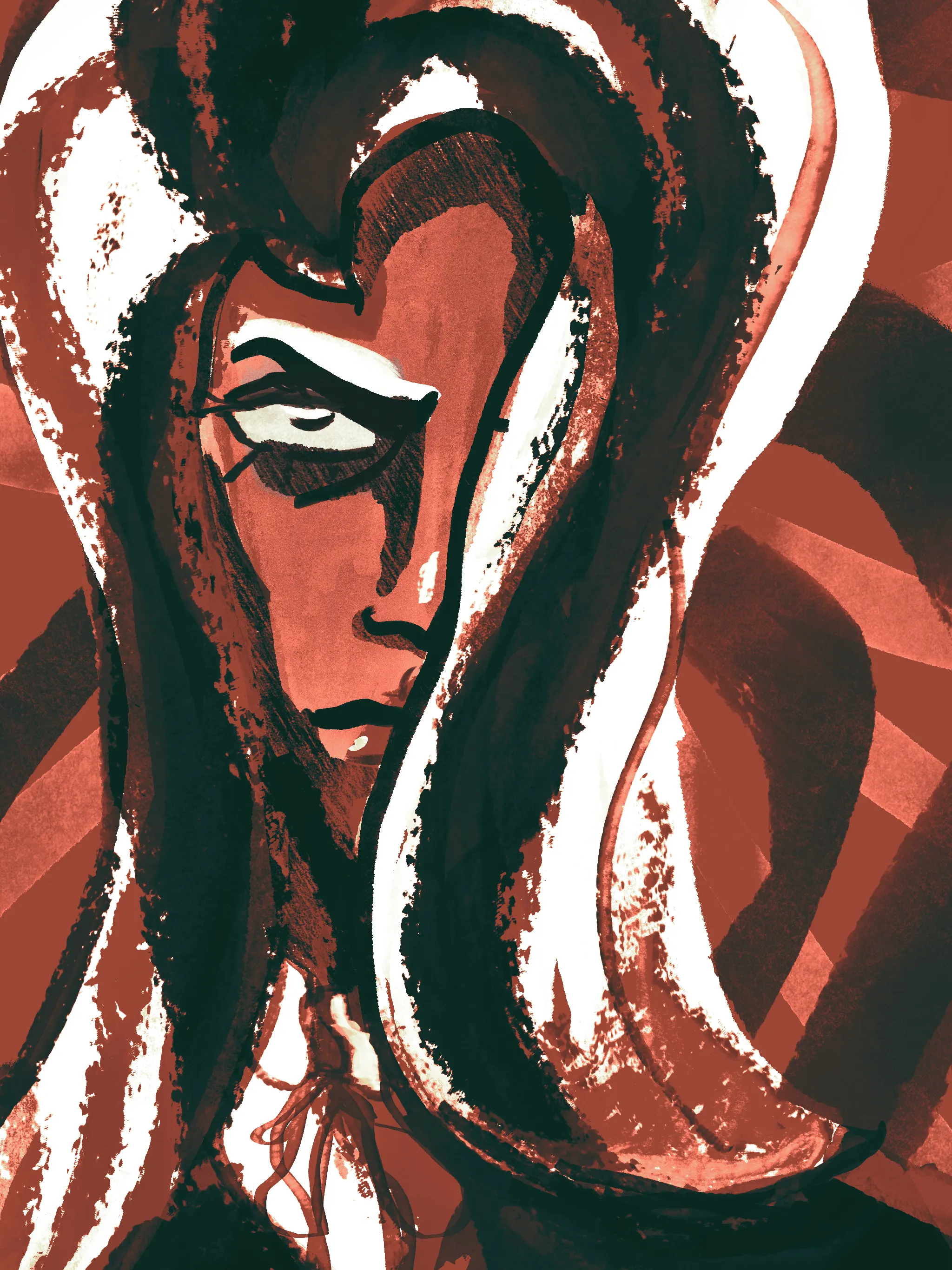 Colour sketch portrait of Pegasus from Yu-Gi-Oh, his bangs curling dramatically over most of his face.