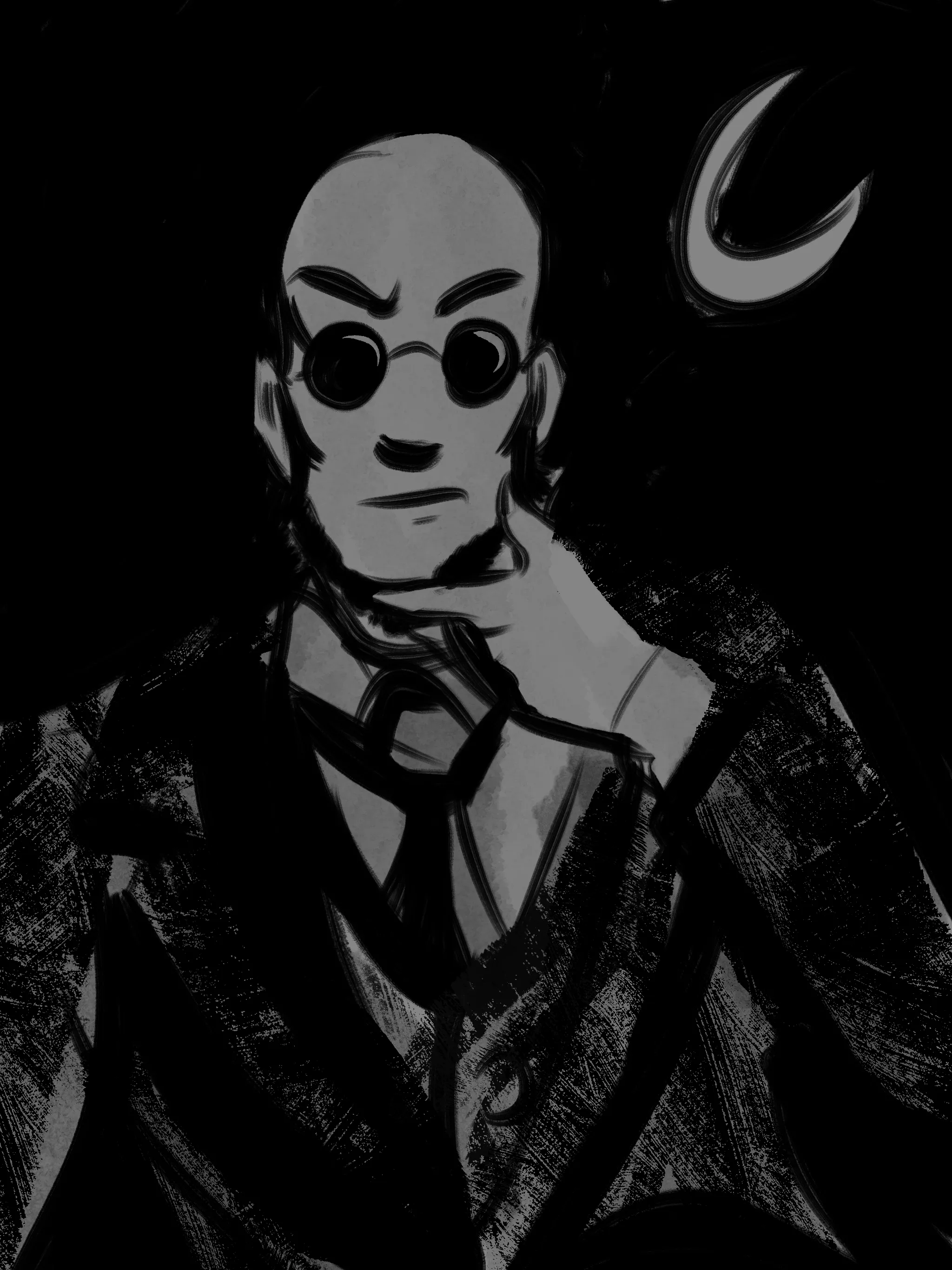 Sketch portrait of Hugo with the moon out. He is wearing a suit and strokes his chin.
