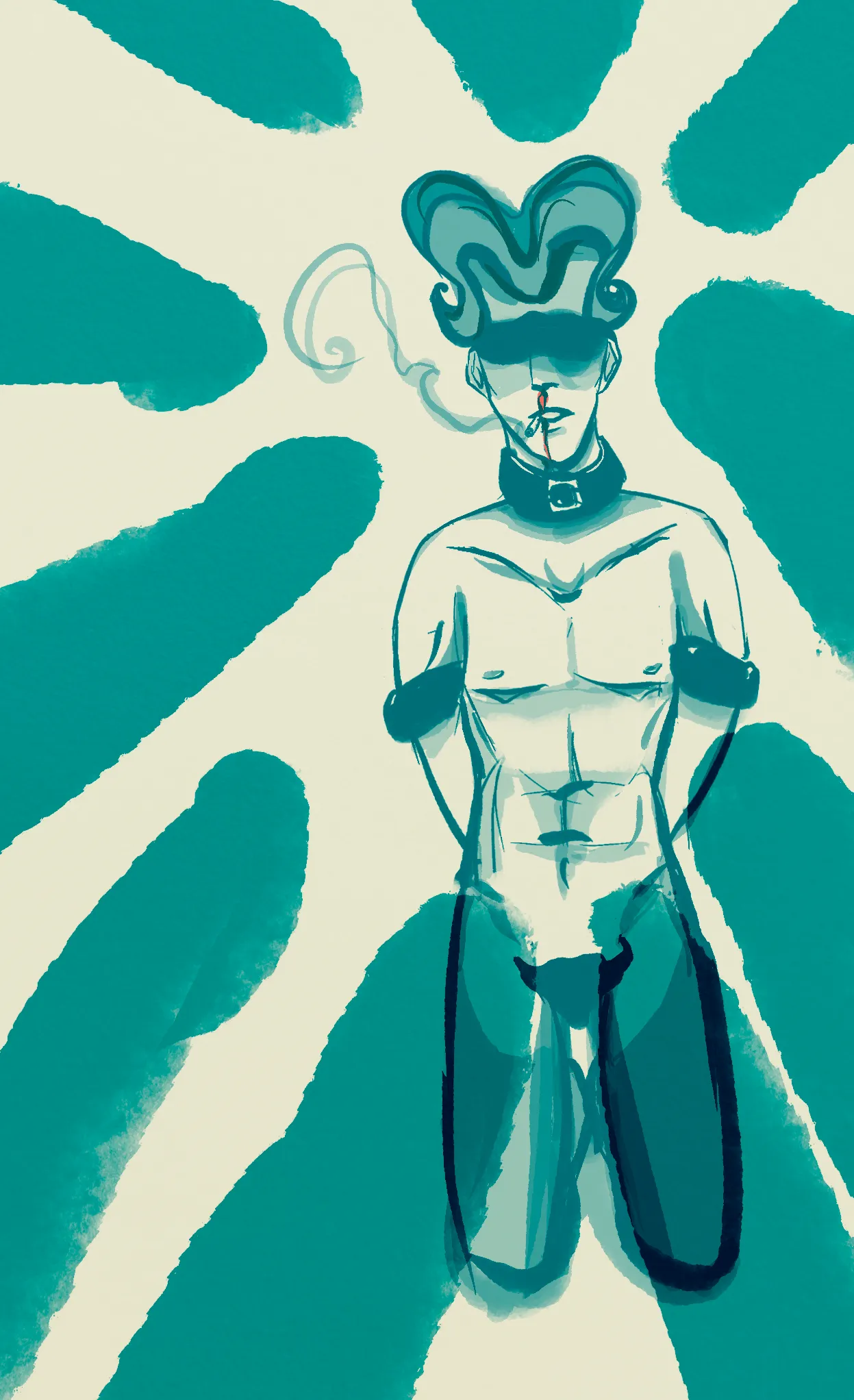 Sketch of Mat kneeling, bound and blindfolded They smoke a cigarette. Silhouettes of cocks surround them akin to a firing squad.