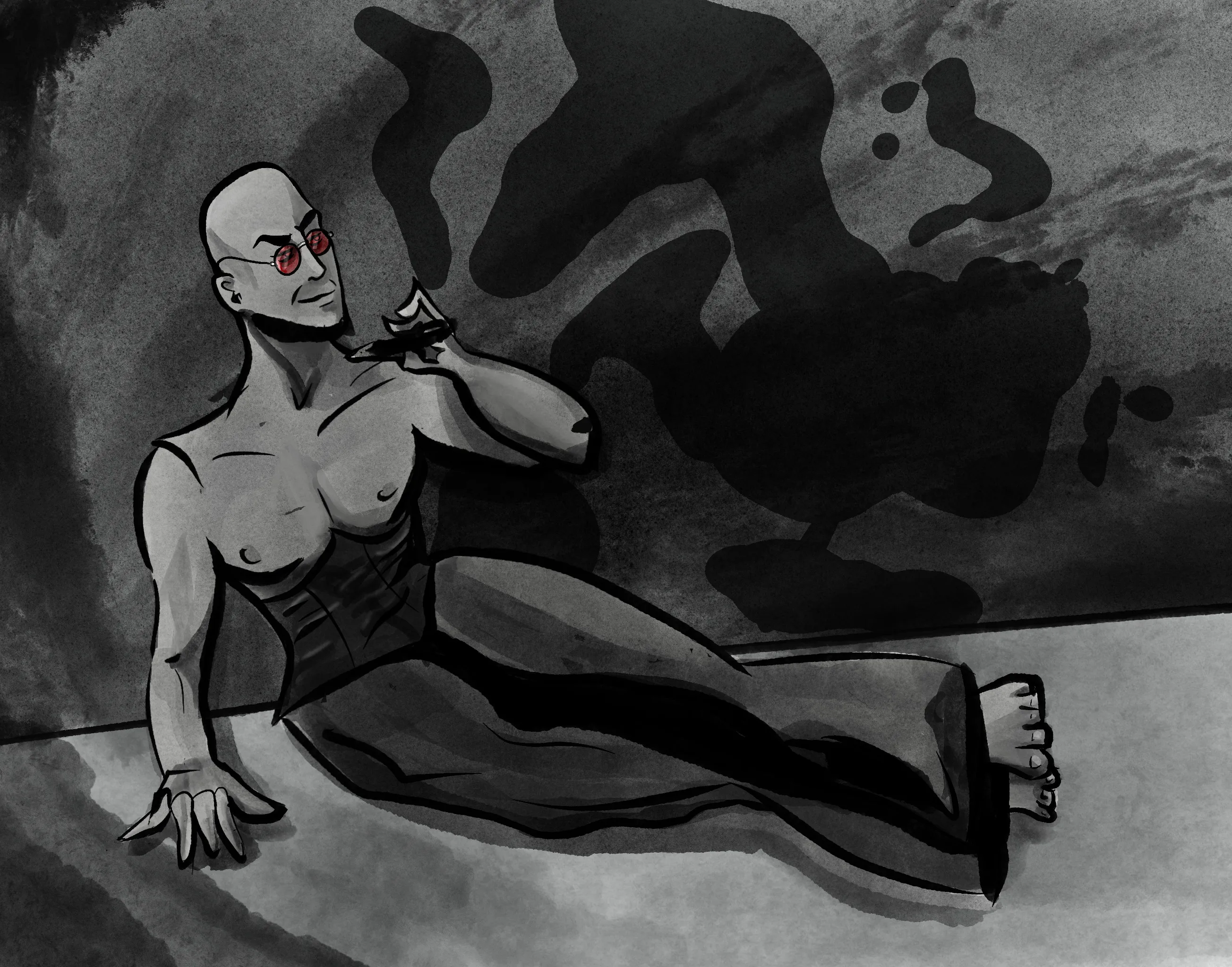 A drawing of Hugo like one of my French girls. He sits seductively holding a pen bleeding big Rorschach inkblots on the backdrop behind him.