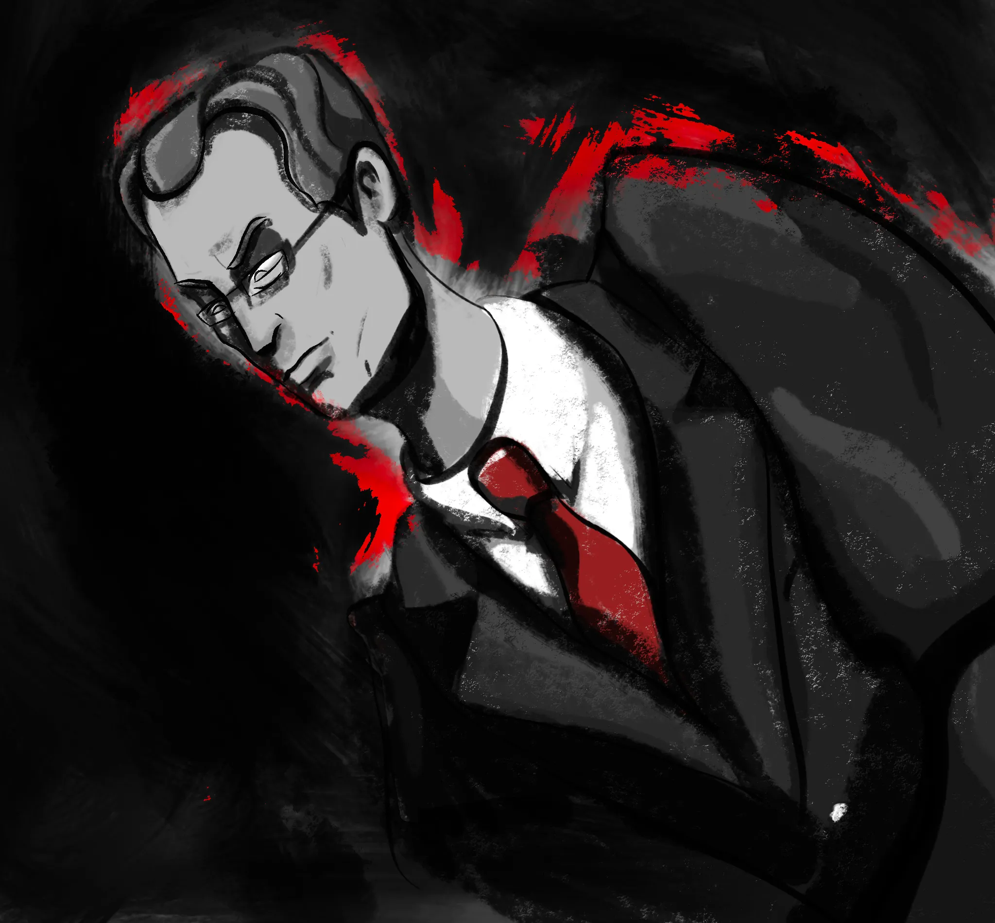 Charles looking down on someone with a serious look on his face. One arm reaches over. The drawing is black and white with harsh red accent lighting.