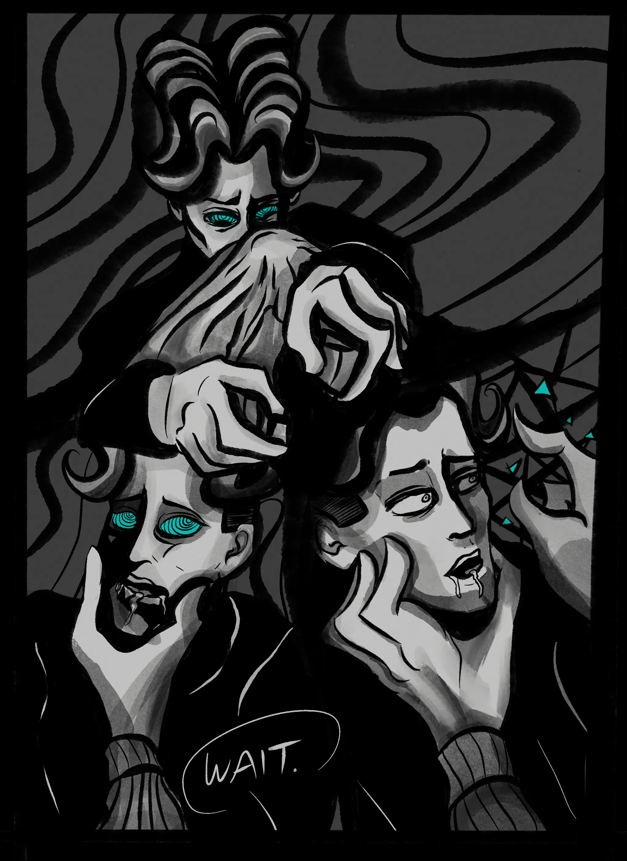 Otto is hard, a clear tent beneath his pants. The hypnotised Mat begins to unfasten his trousers. But, Otto says, 'wait', grasping onto Mat's face. They drool from their mouth, with spirals in their eyes. He snaps his fingers to bring them out of trance.