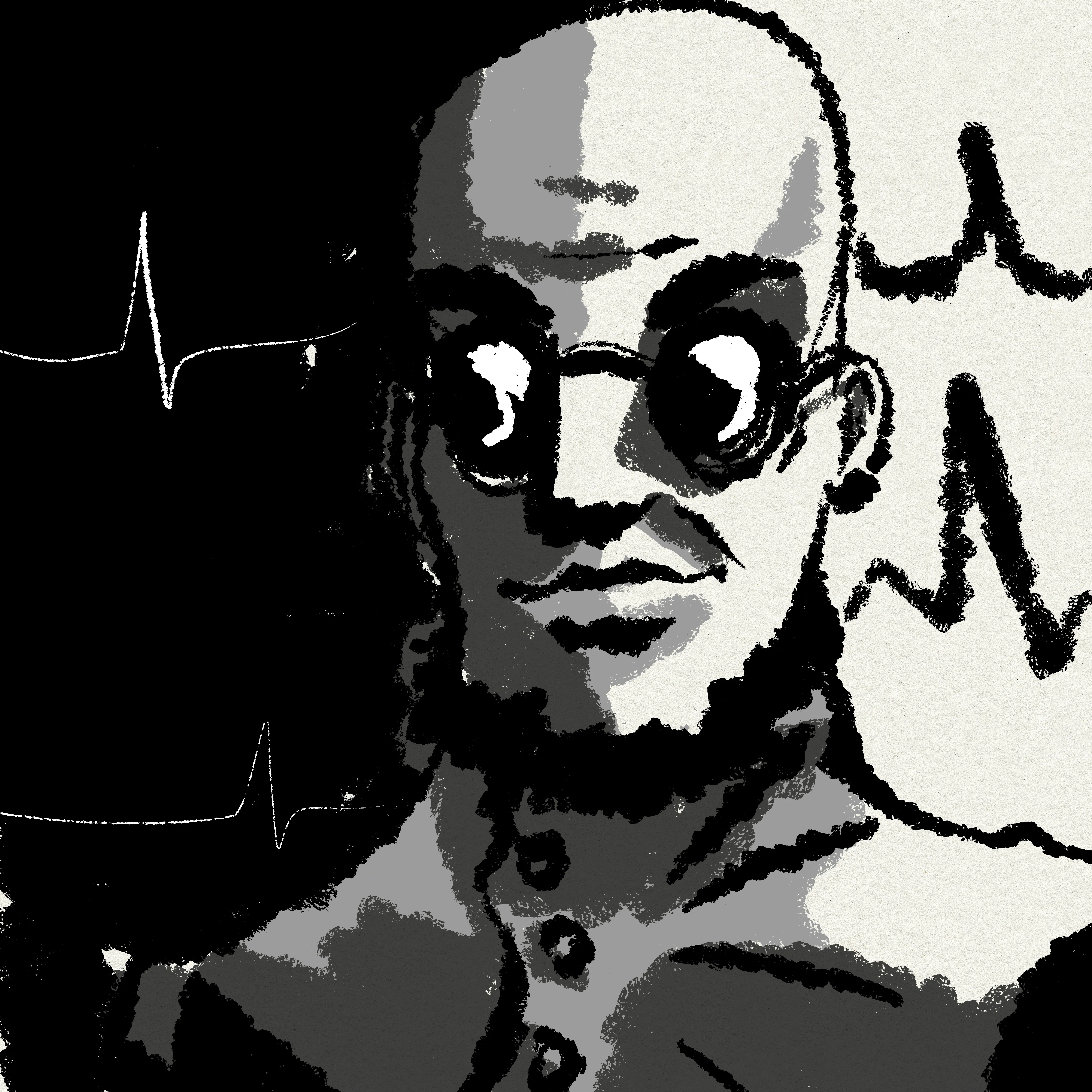 Sketch portrait of Hugo with heartbeat monitors in the background.