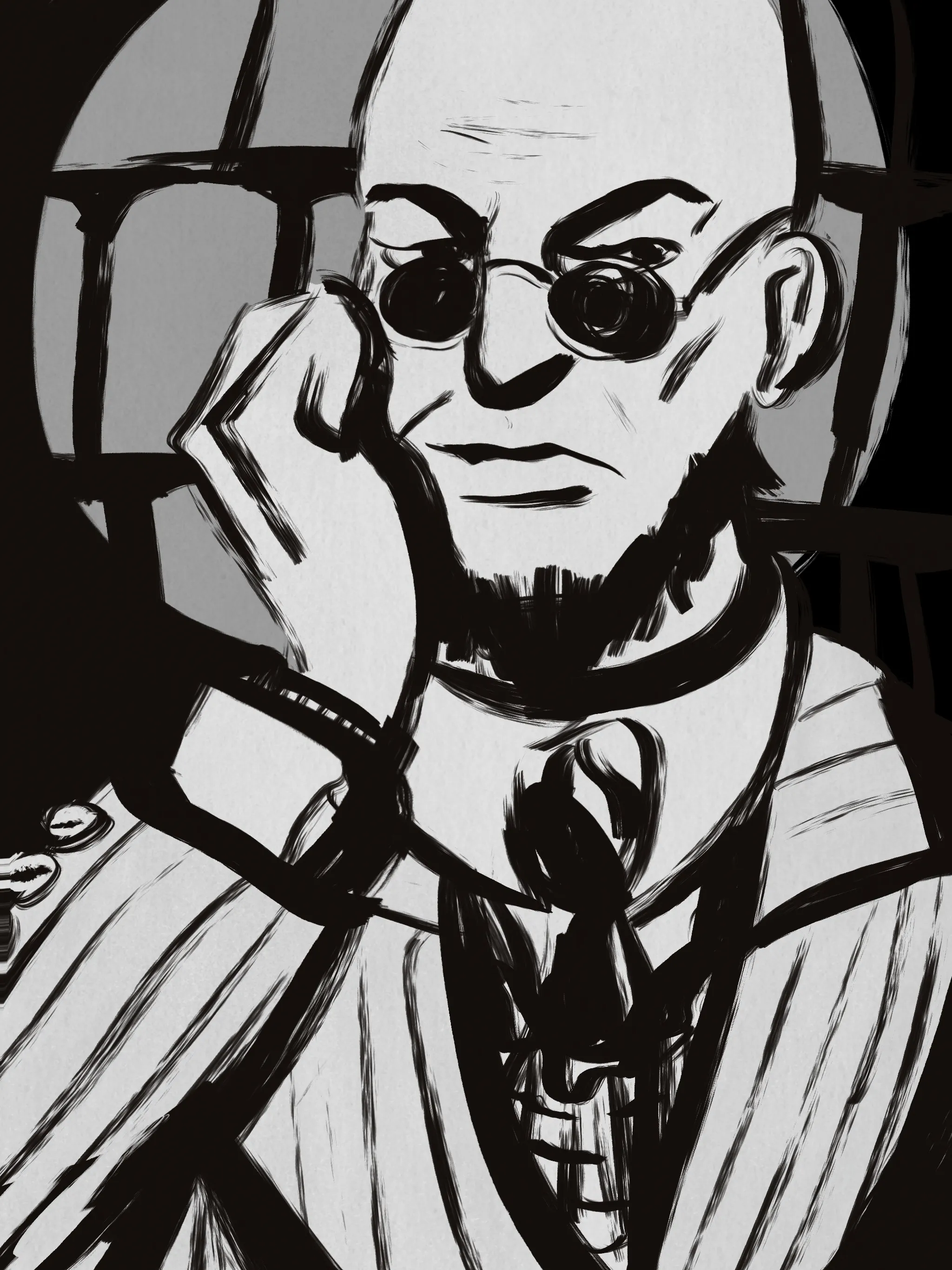 Sketch portrait of Hugo leaning on his hand, wearing a pinstripe suit.