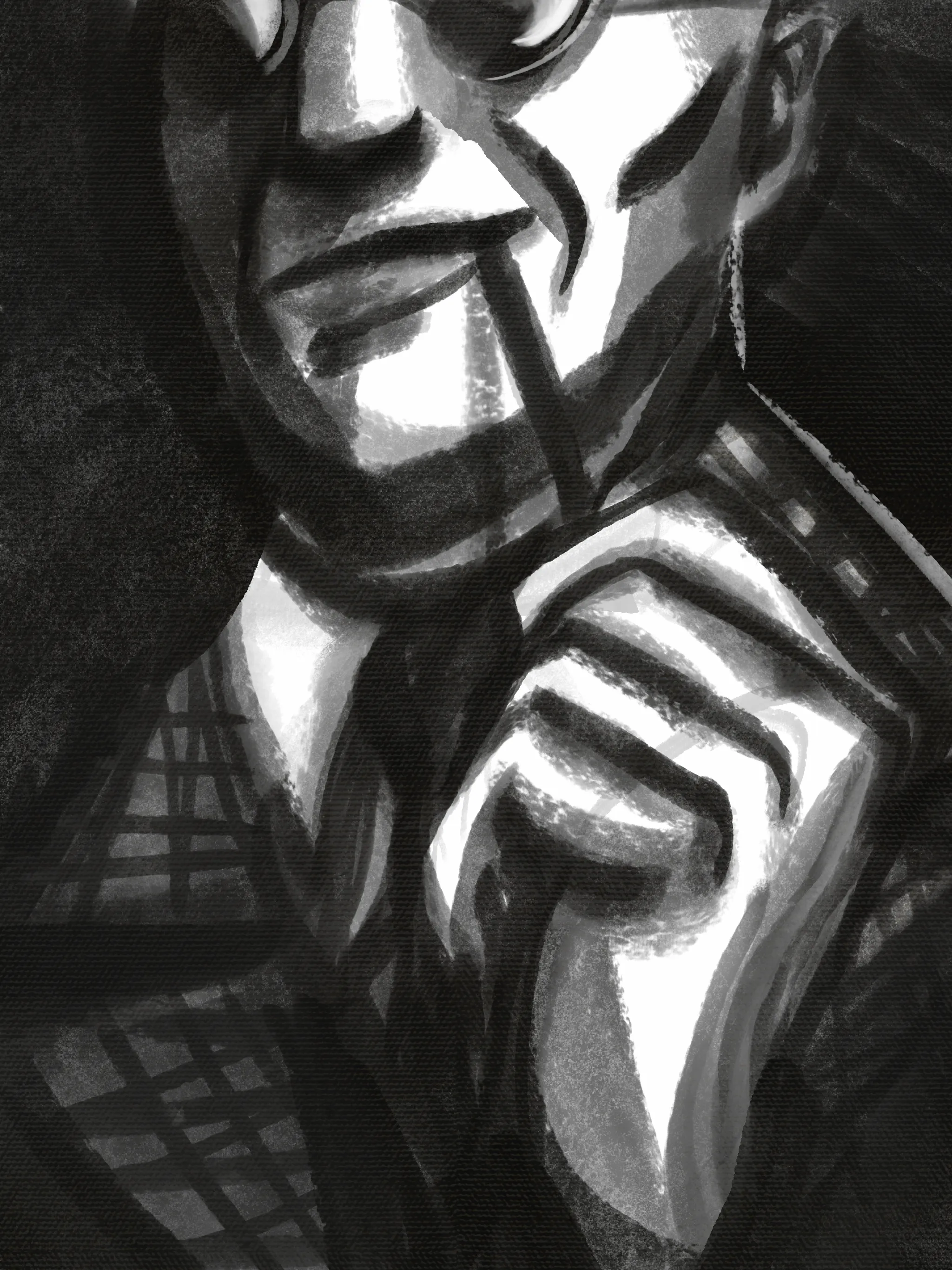 Cropped sketch portrait of Hugo - his glasses are only partly visible. He holds a pen to his mouth in a very Freudian way.