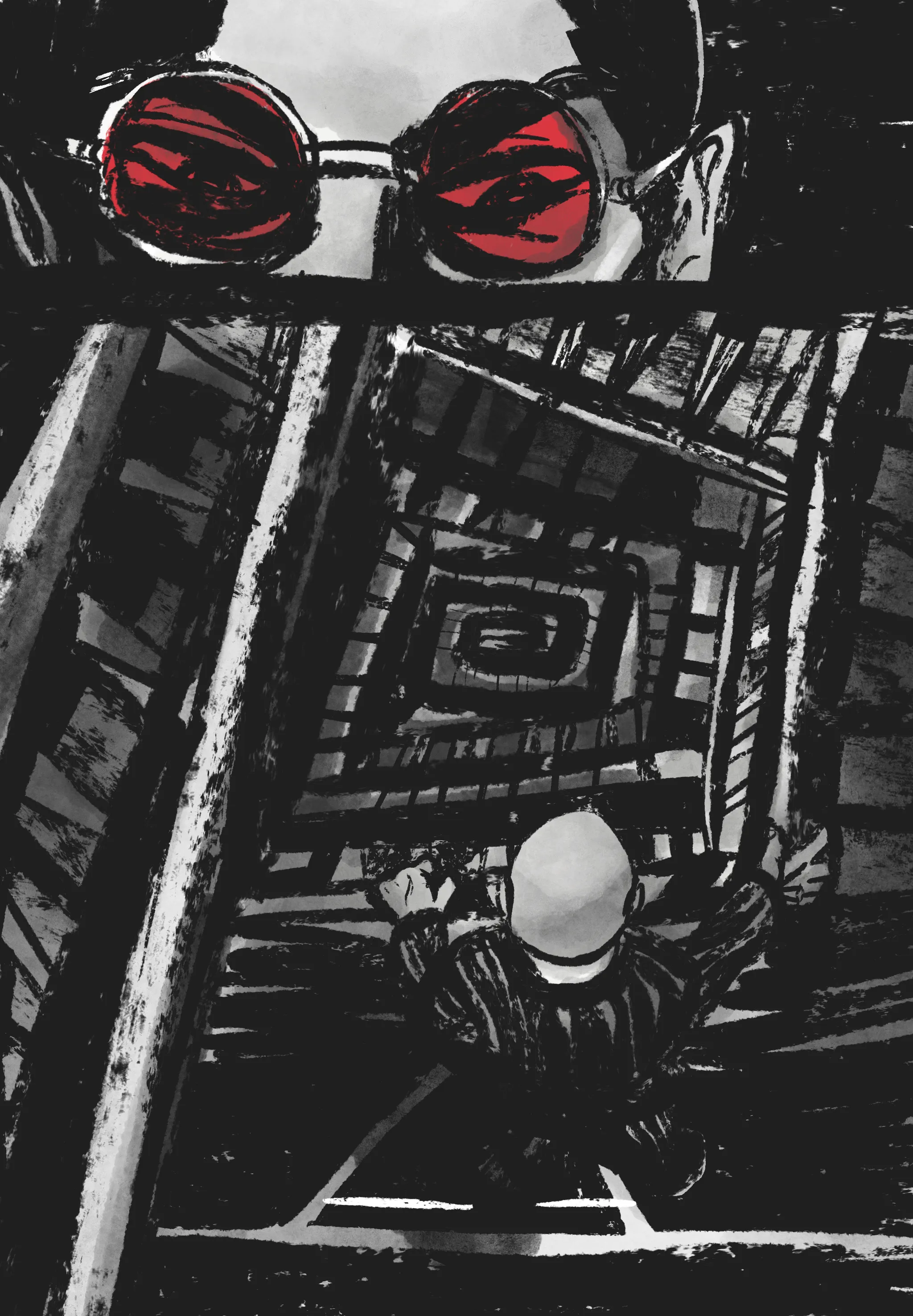 A two-panel comic page showing hugo looking down over the spiralling, maddening staircases of Arkham.