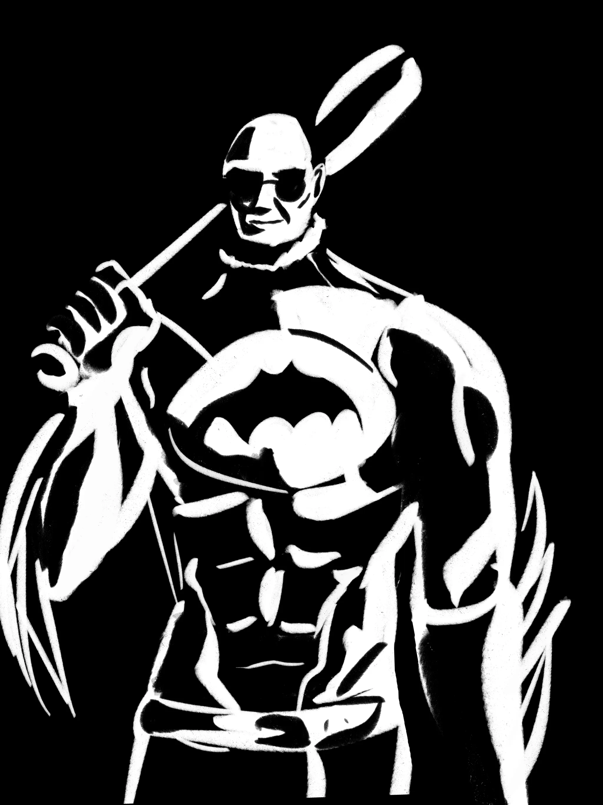 A buff Hugo with a baseball bat, in his fake Batman costume.