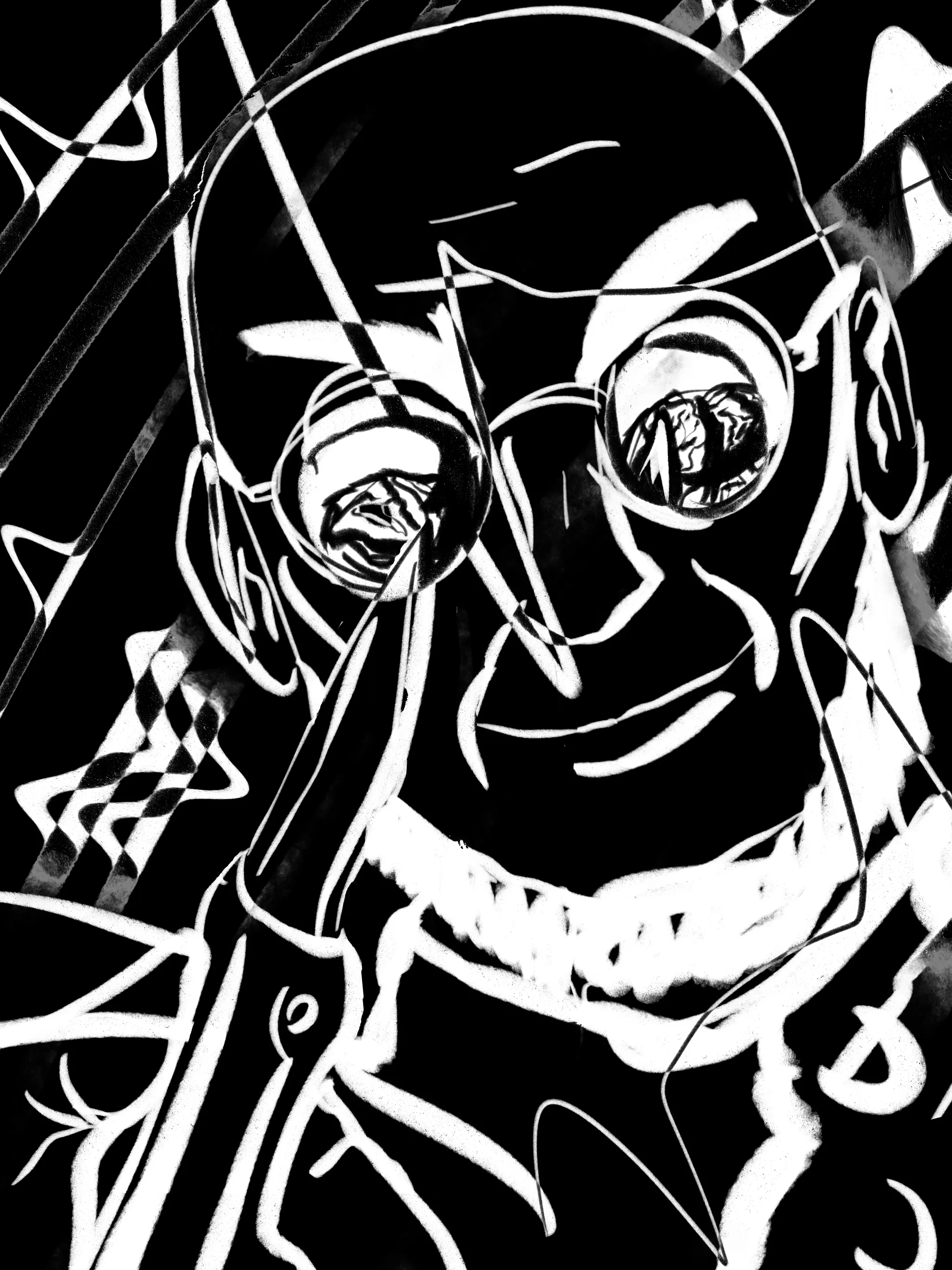 Strange sketch of Hugo holding a scalpel to the 'camera'. What we see seems to be cracked and slightly bizarre. The ink is white on black creating a slightly psychedelic effect.