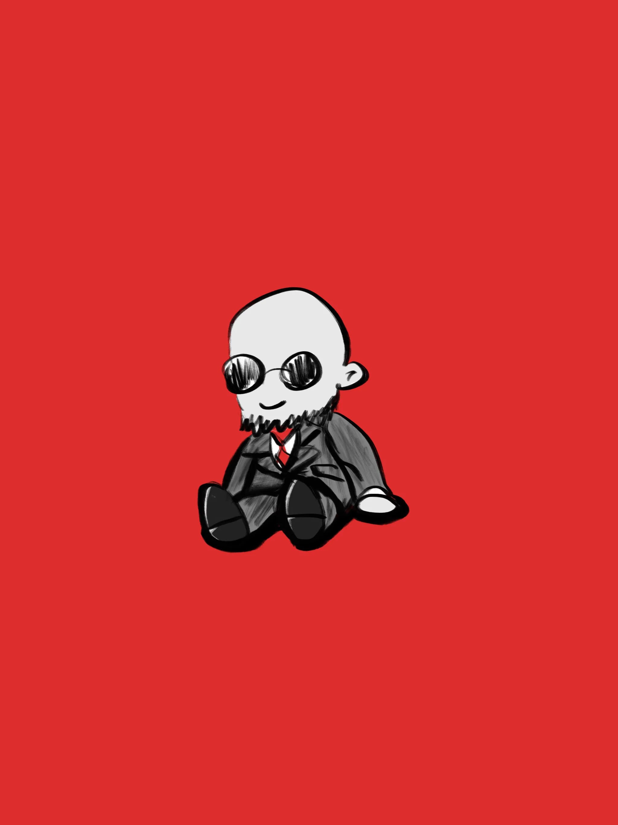 A chibi Hugo on a red background, sitting cutely.