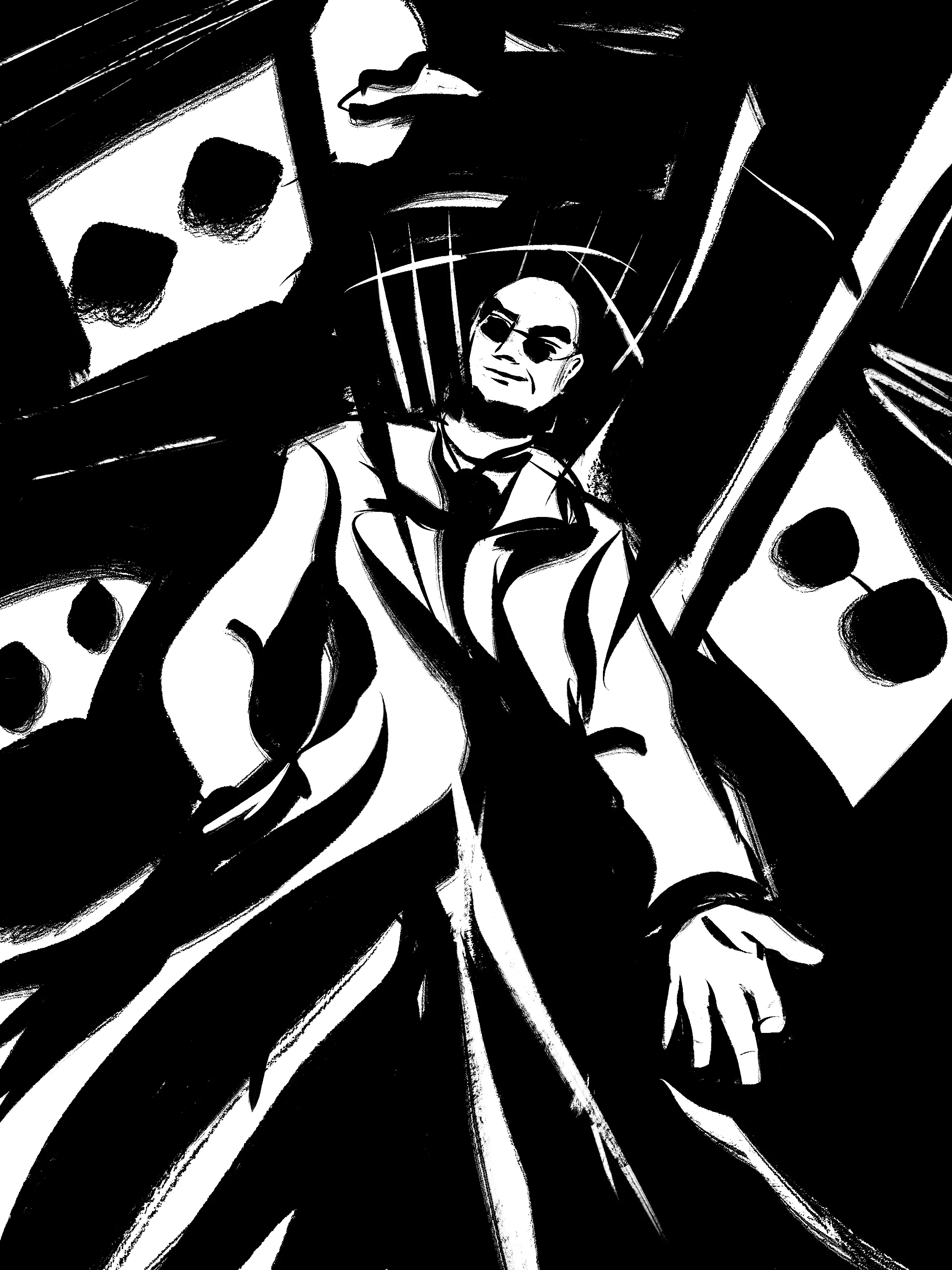 Low angle drawing of Hugo in a trenchcoat) holding a hand out in a looming, ominous cityscape (implied to be Arkham City).