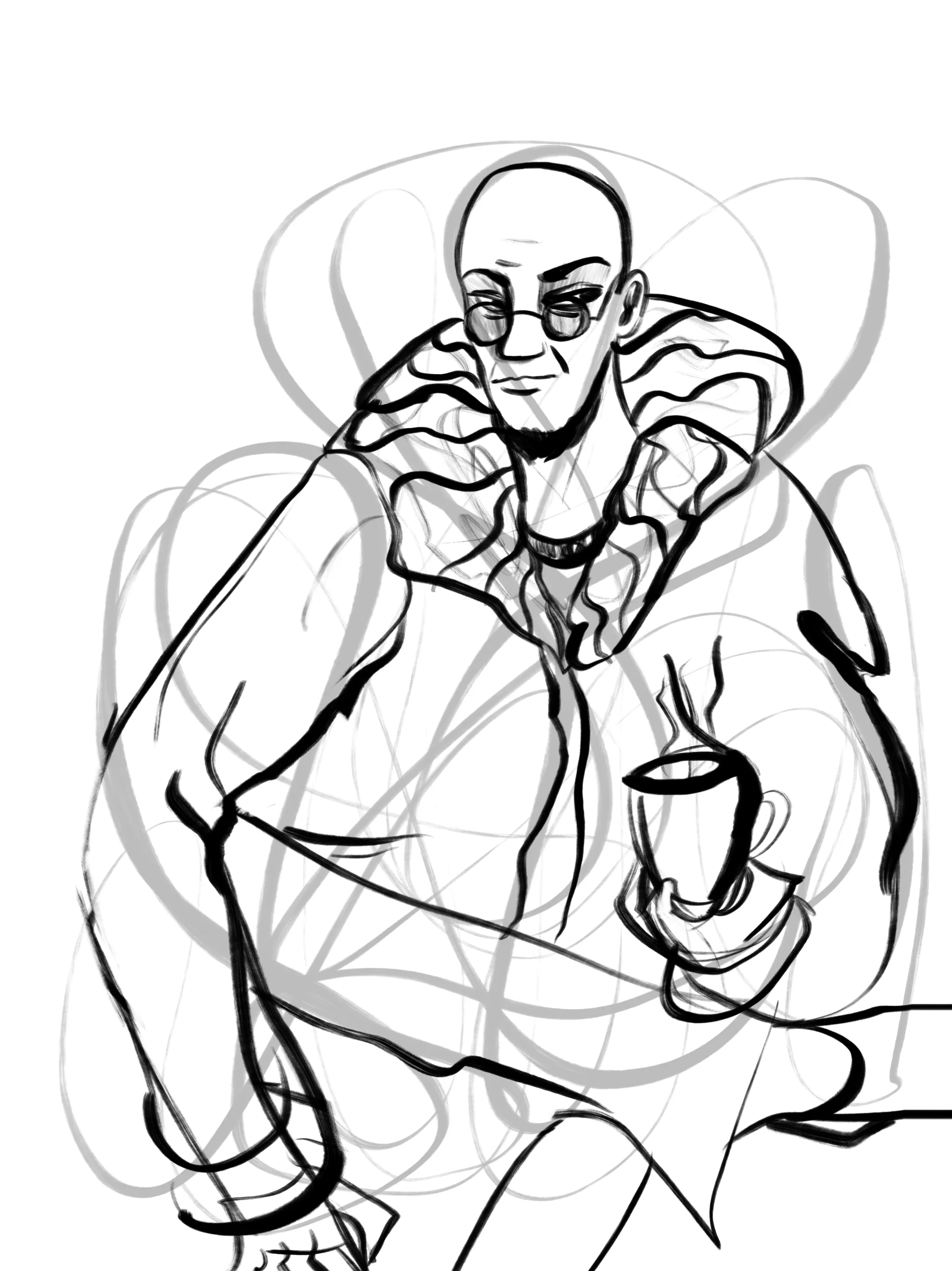 Hugo in a cozy dressing gown having a mug of tea.