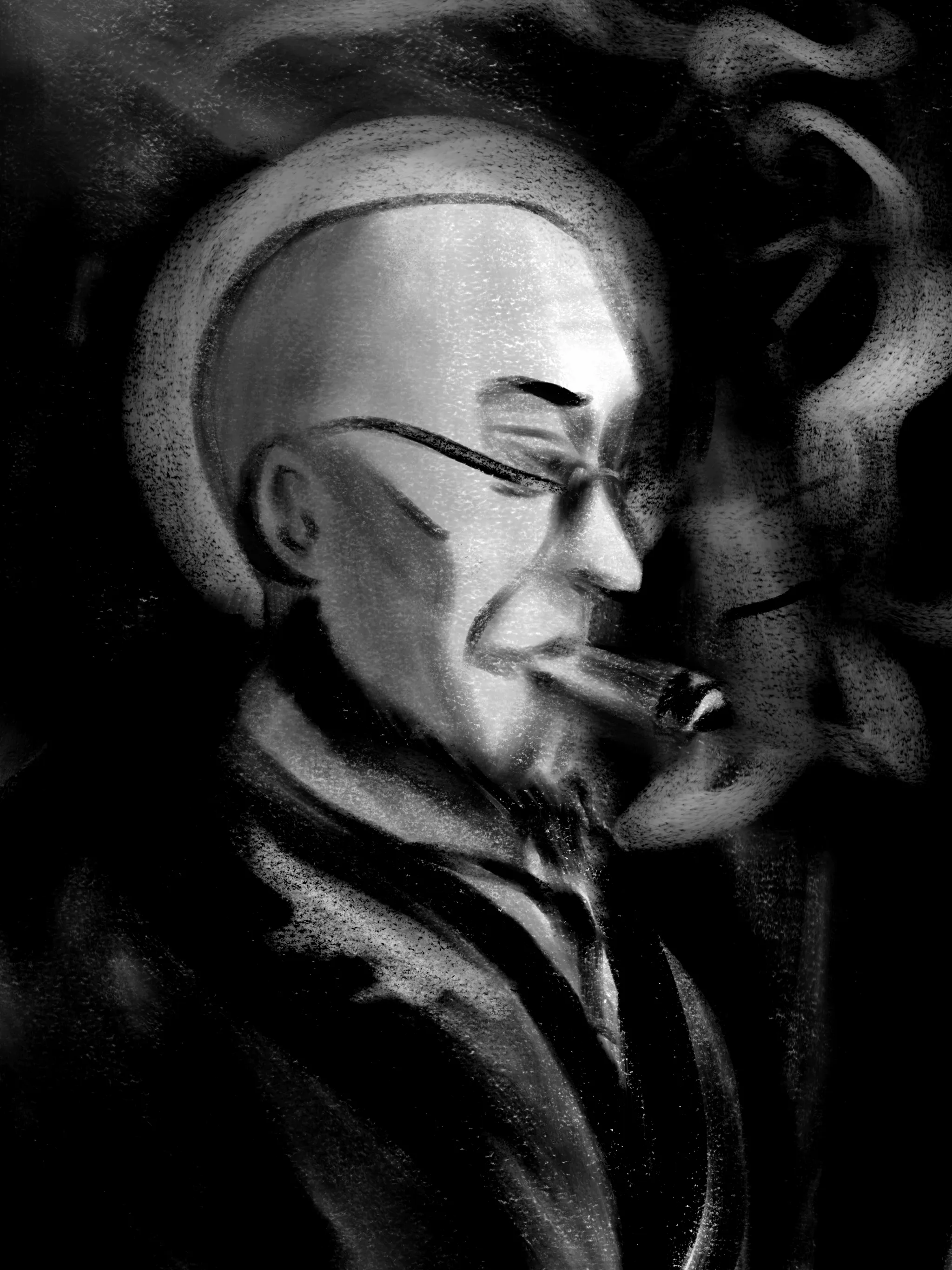 Side-view portrait of Hugo in a loose, smoky sketch style. He smokes a nice big fat cigar.