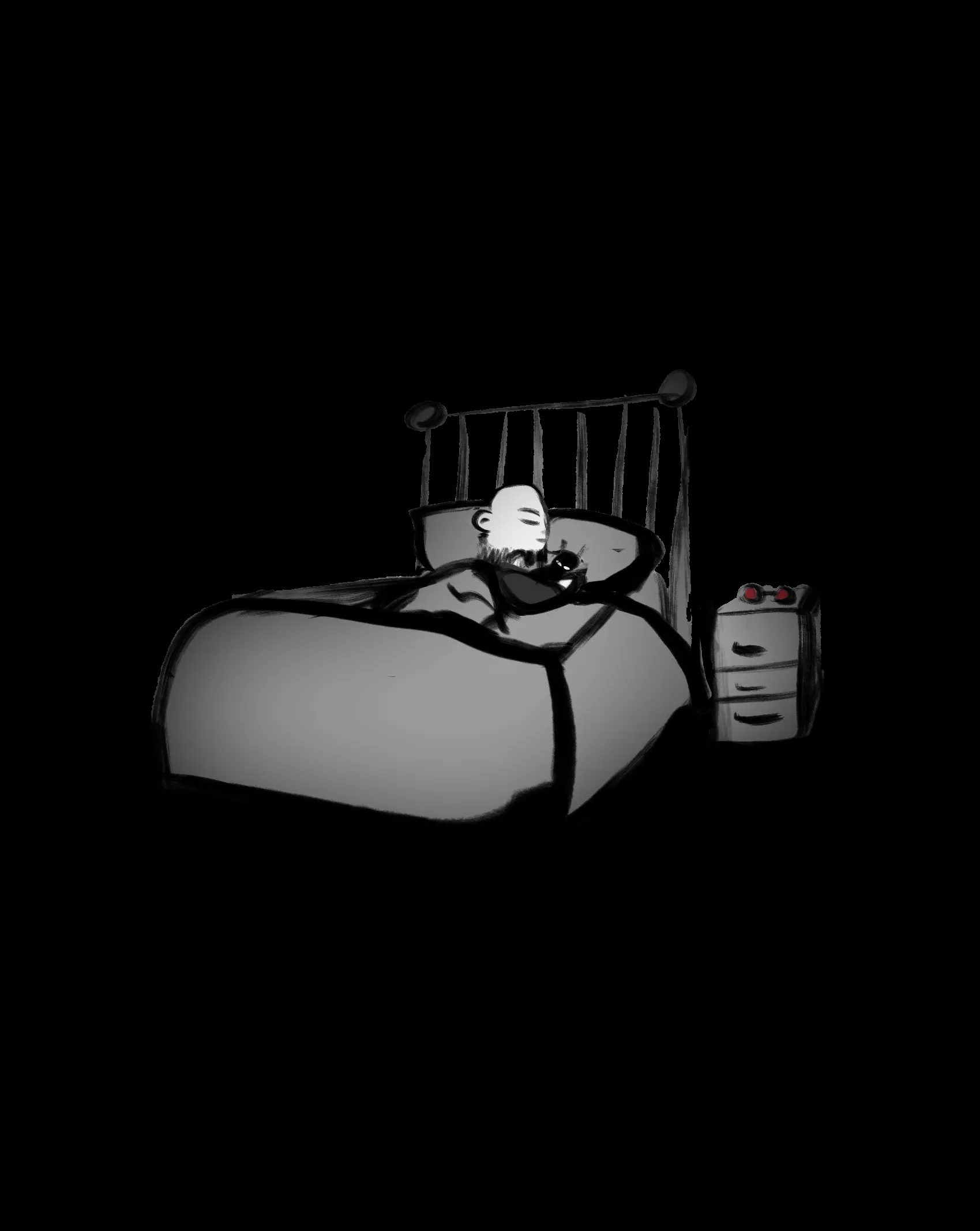Chibi Hugo in bed cuddling a Batman plushie.