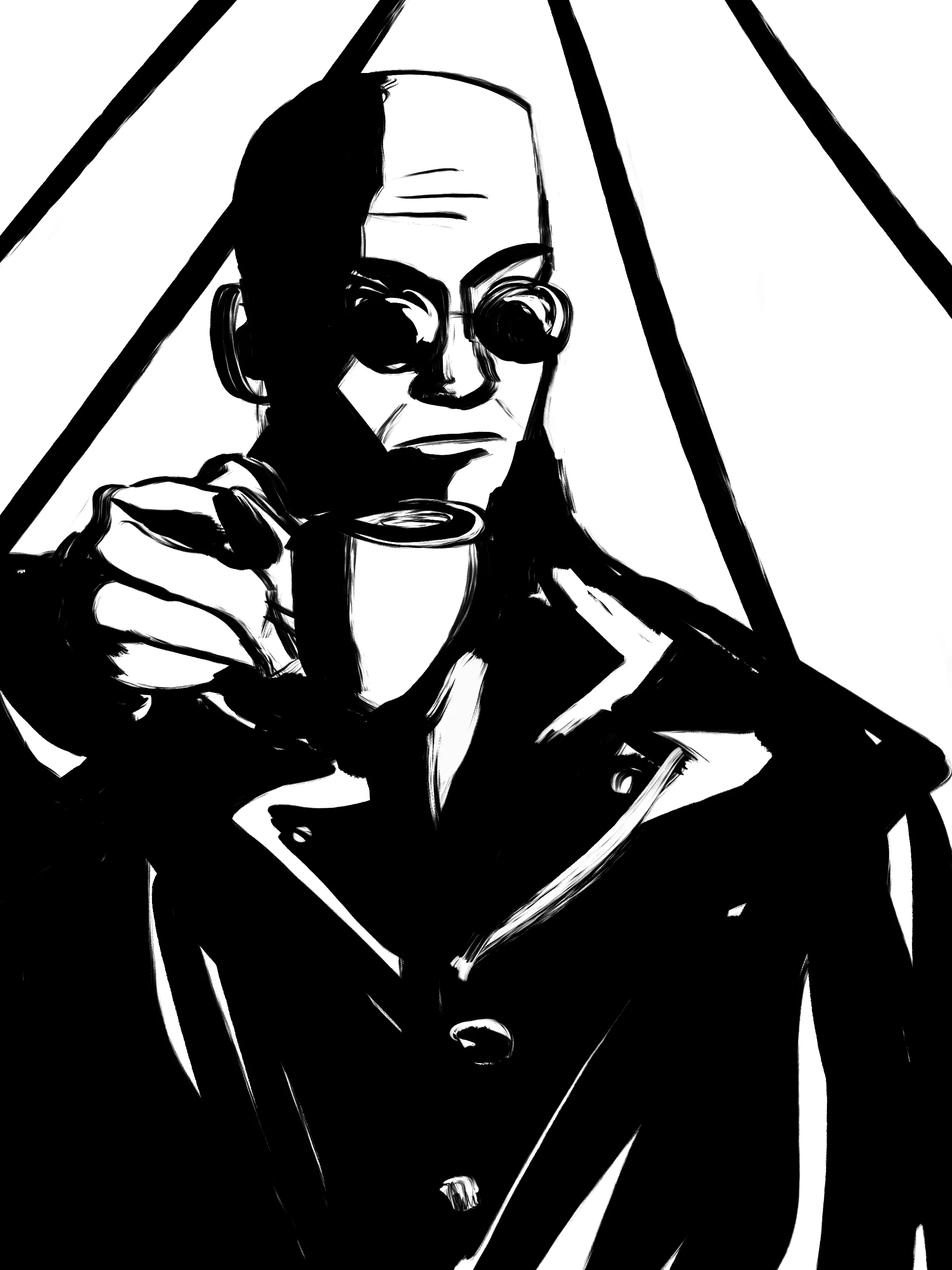 Hugo has a cup of coffee wearing a leather jacket.