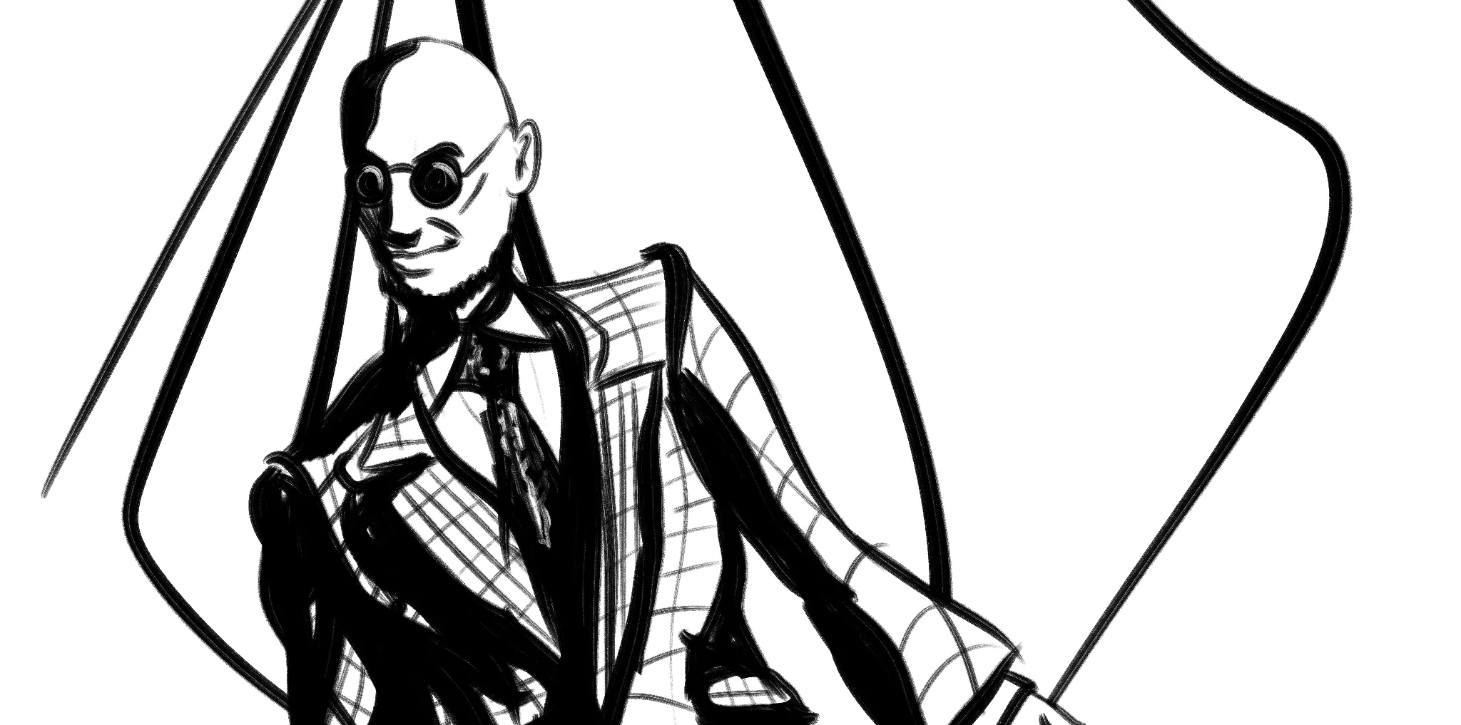 Hugo in a check suit from the waist up.