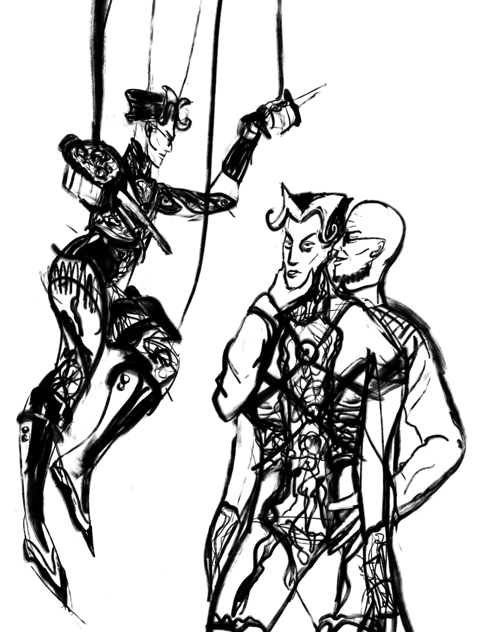 Messy sketches of Mat as Manikin - the first instance of their cross-shaped armour and lingerie. In the first sketch they hold knives and dangle from wires like a puppet. In the second sketch Hugo stands behind them and holds them close whispering in their ear. In both cases they look exhausted, blank and mindless.