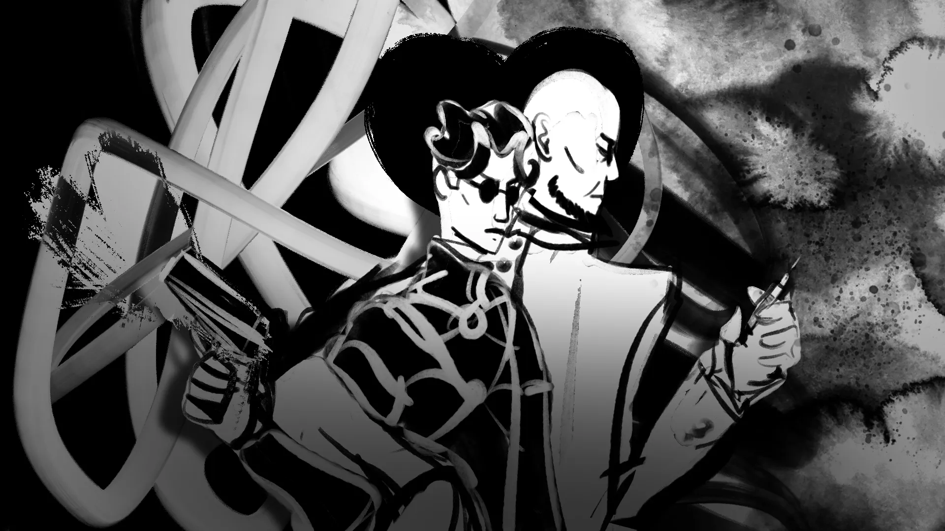 Mat and Hugo with interlocked arms. Mat has a gun, Hugo has a syringe. A heart is behind them in a grungy abstract background.