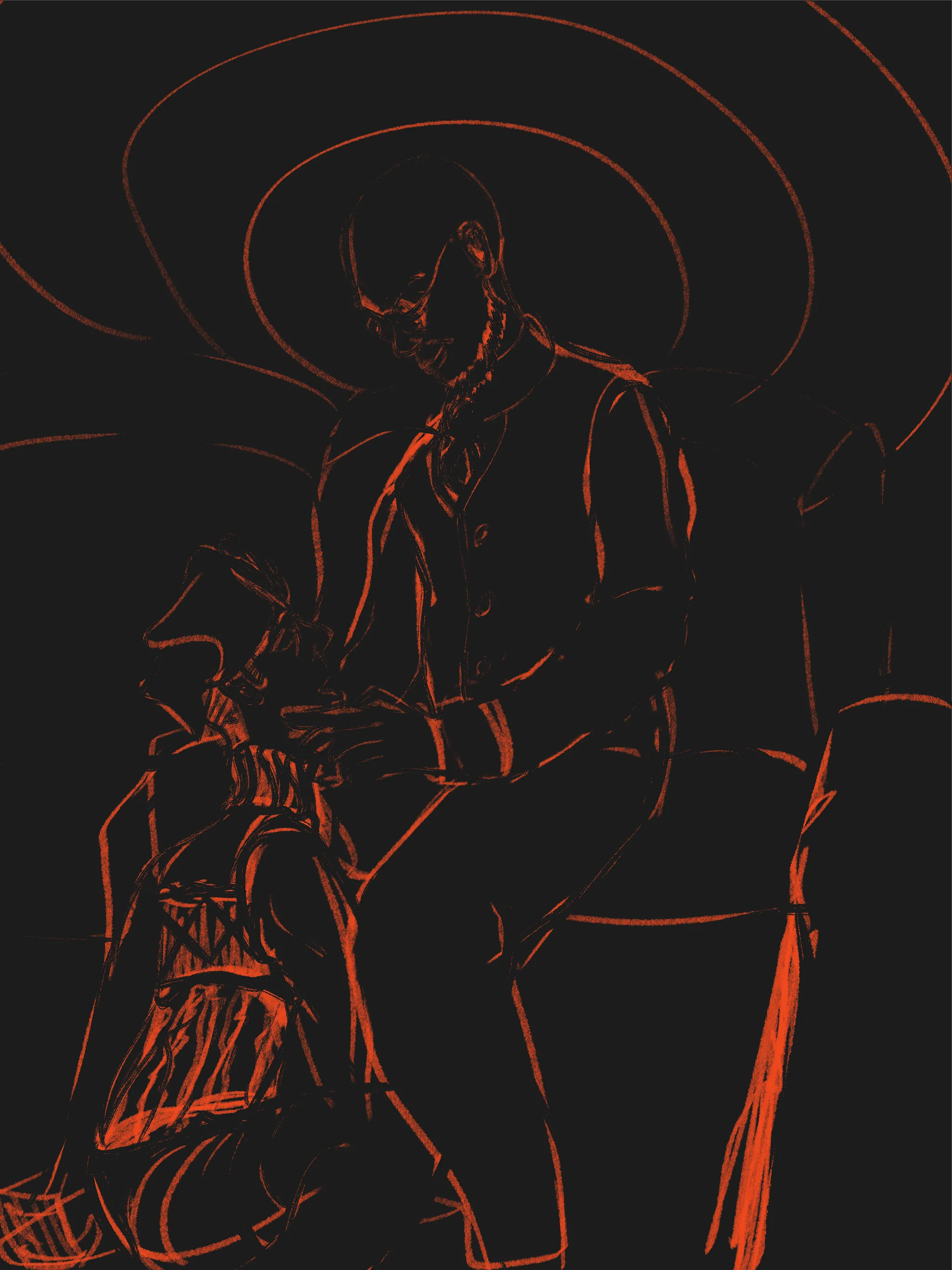Mat kneels in lingerie before Hugo, sitting above them and holding their face. They gape at him mindlessly.