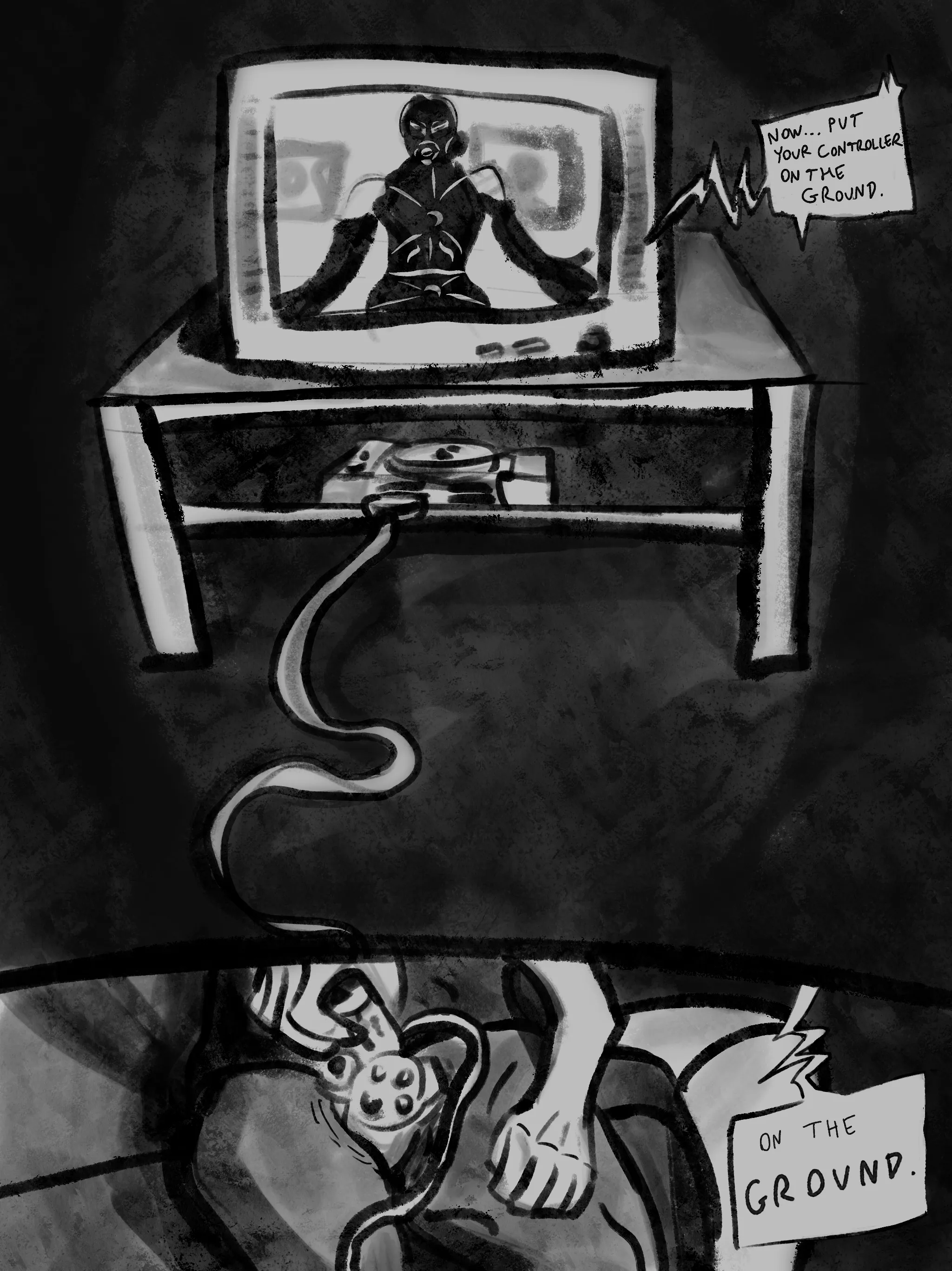 3-panel comic. A TV and a Playstation. On the screen is the Psycho Mantis scene from Metal Gear Solid where he moves your PS1 controller by vibrating it. 'Now, put your controller on the ground', he says. But the player has their controller in between their legs like a vibrator. As though he can see them, he repeats, 'On the GROUND.'.