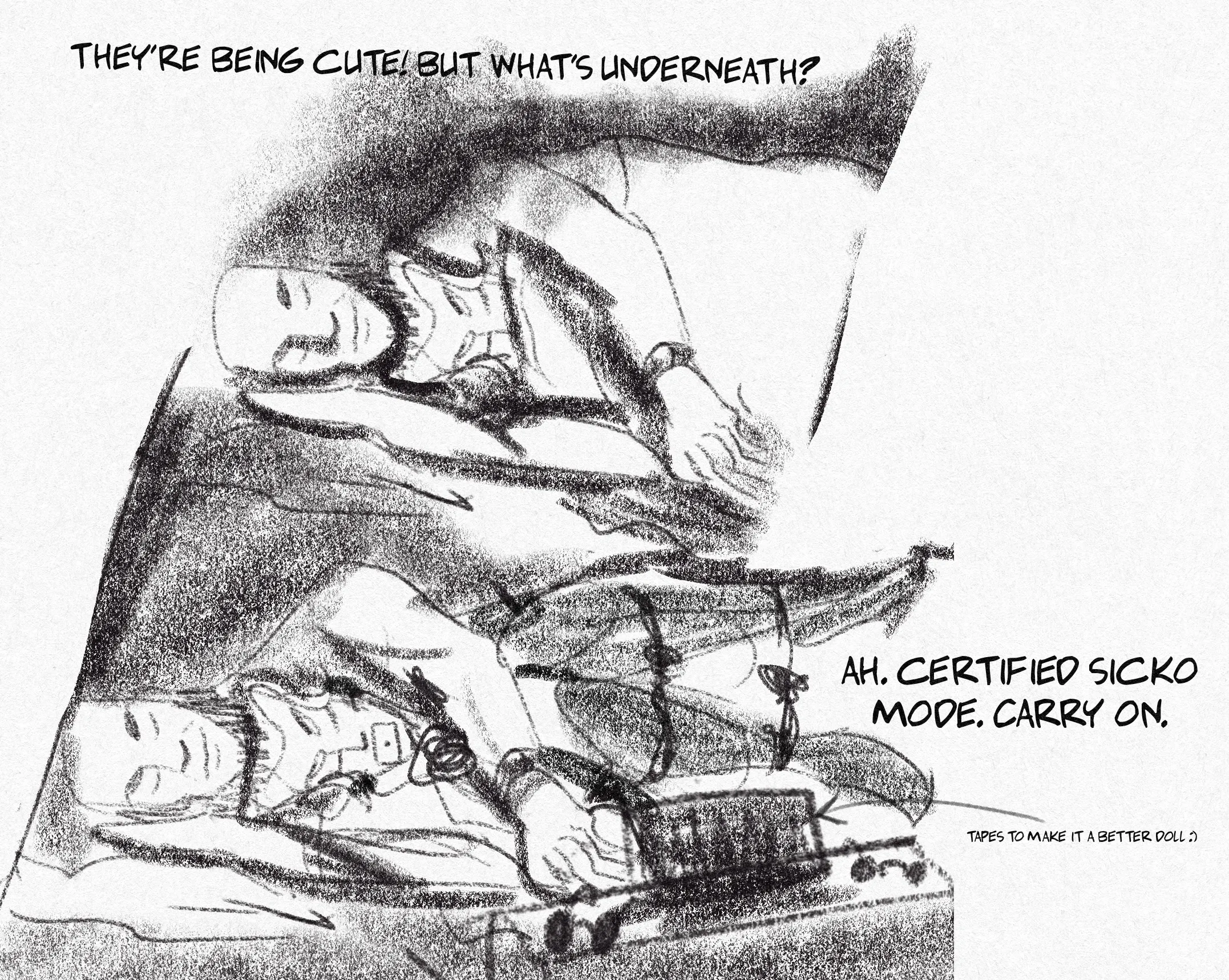 Two sketched panels: Hugo and Mat are spooning in bed, under the covers. Caption: 'They're being cute! But what's underneath?' Underneath, Mat is restrained and gagged, listening to brainwashing audio. Caption: 'Ah, certified sicko mode. Carry on.'