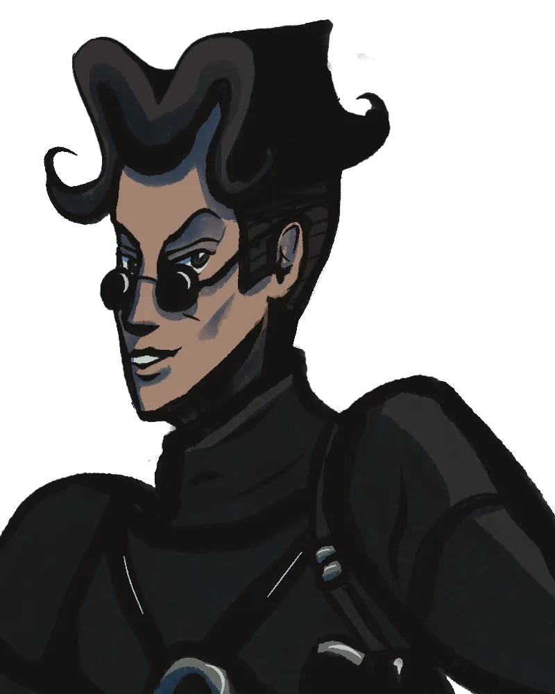 A 3-quarter bust portrait of Mat in their trademark turtleneck and bondage harness, akin to one you might find in a fighting game.