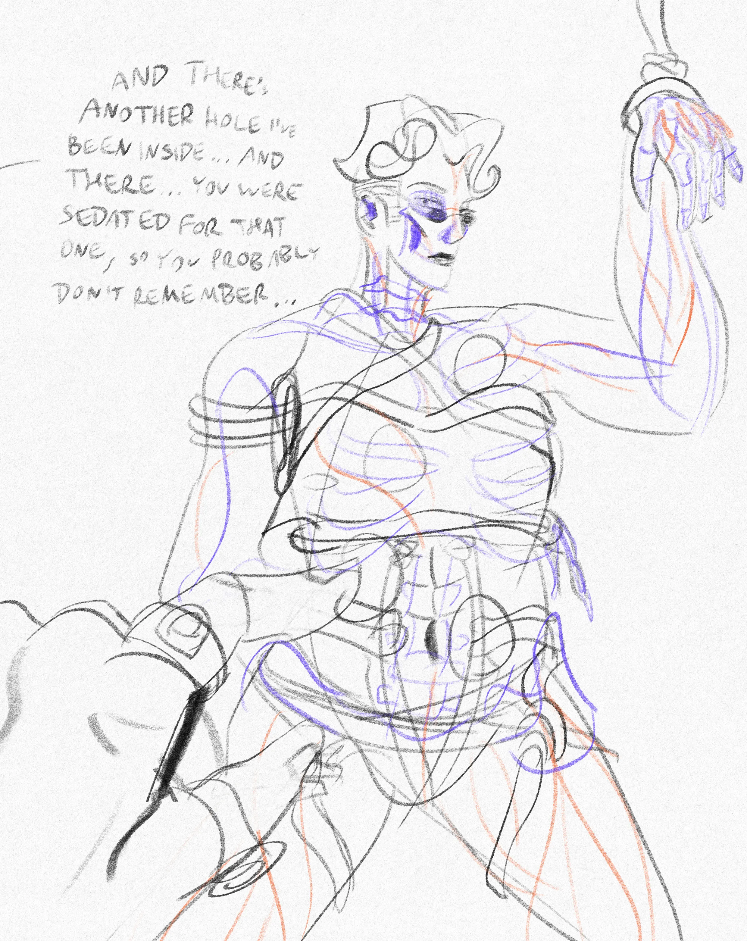 Hugo's hand points towards a drawing. It's mat tied up in some bondage. Red lines indicate muscles and blue lines indicate bones, variably displayed throughout the drawing. He says, "and there's another hole I've been inside... and there... You were sedated for that one, so you probably don't remember..."