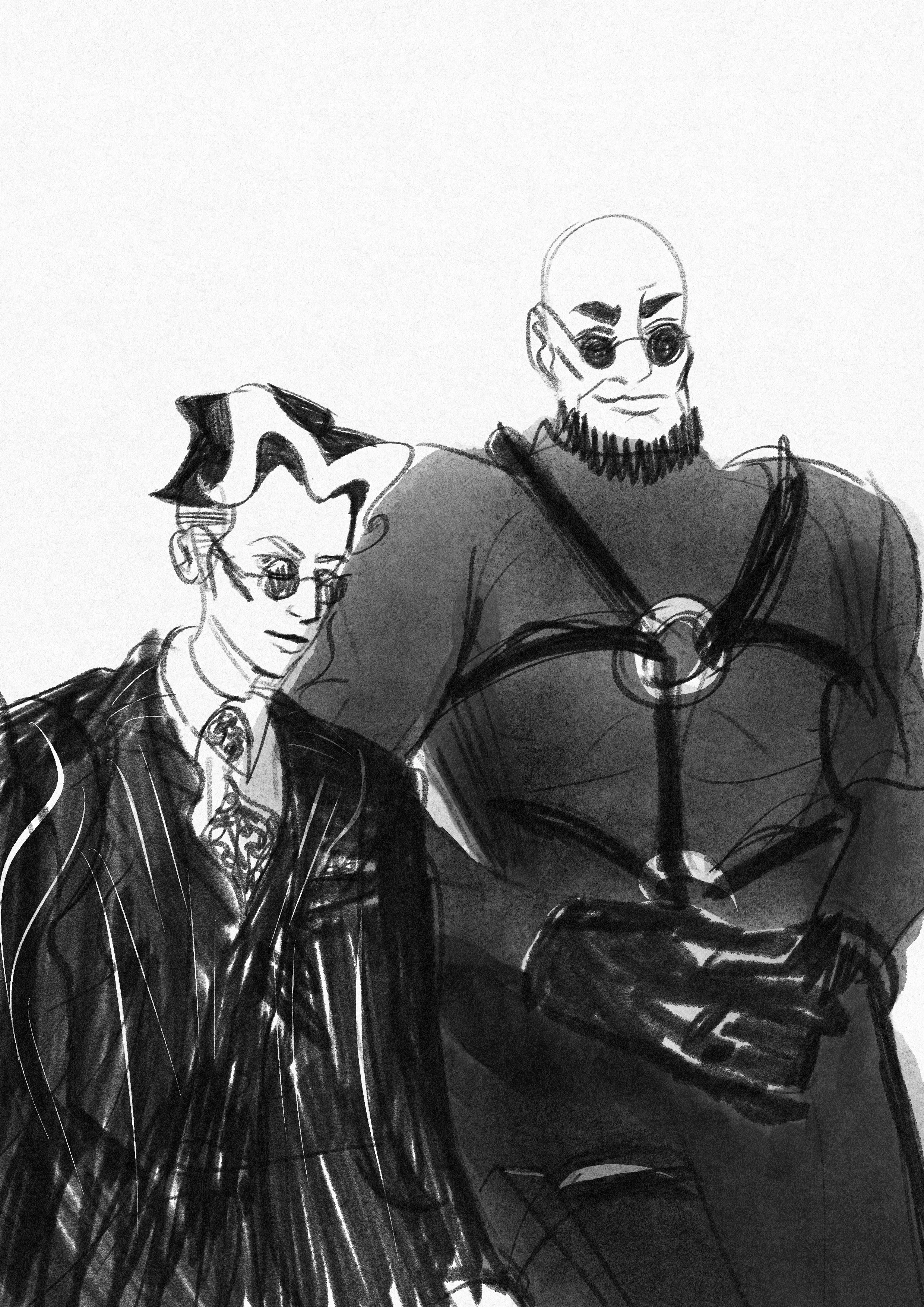 Hugo and Mat have swapped outfits. Hugo is in a turtleneck and leather harness, with shiny leather gloves. Mat is in a three piece pinstripe suit, oversized for them.
