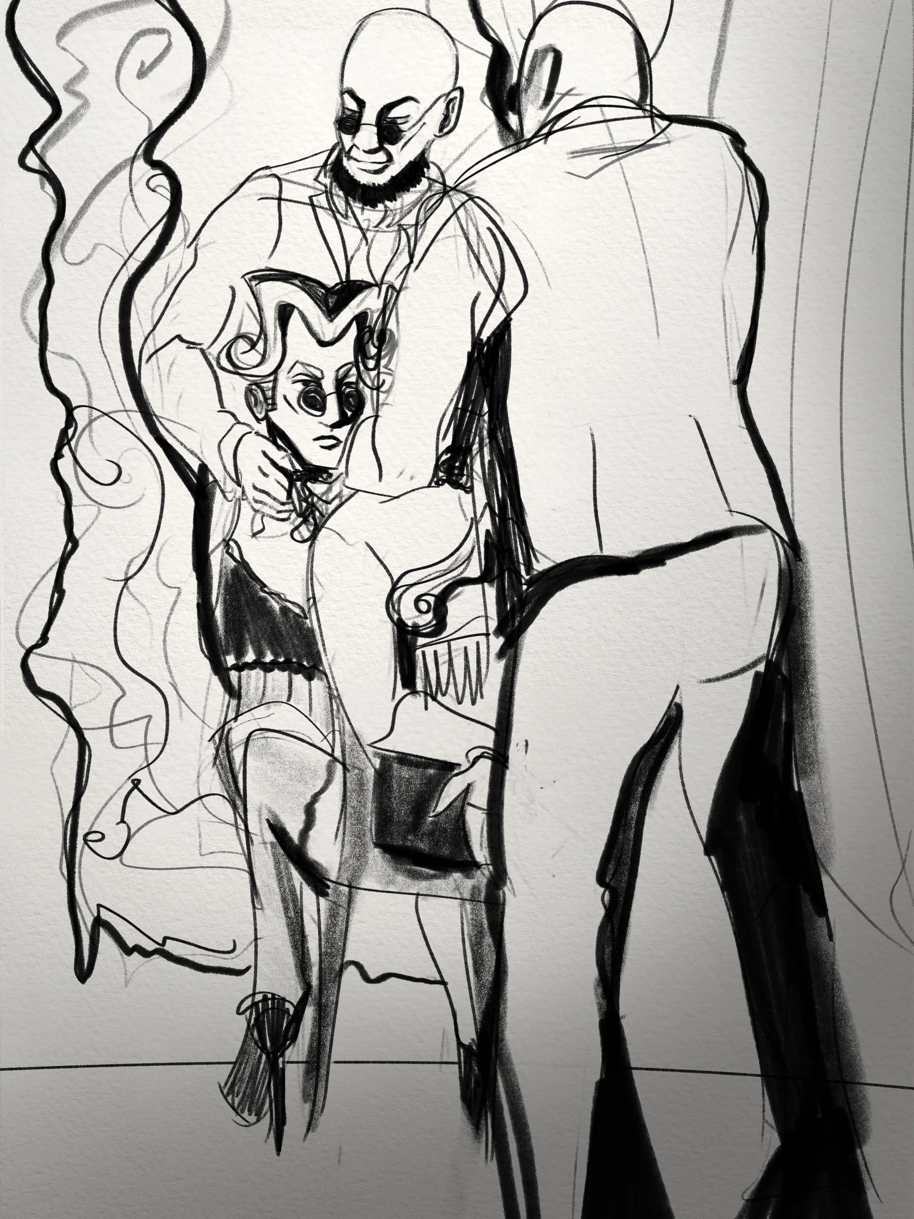 Mat sits in lingerie in front of a mirror, Hugo behind them. He ties their 'corset' style collar around their neck.