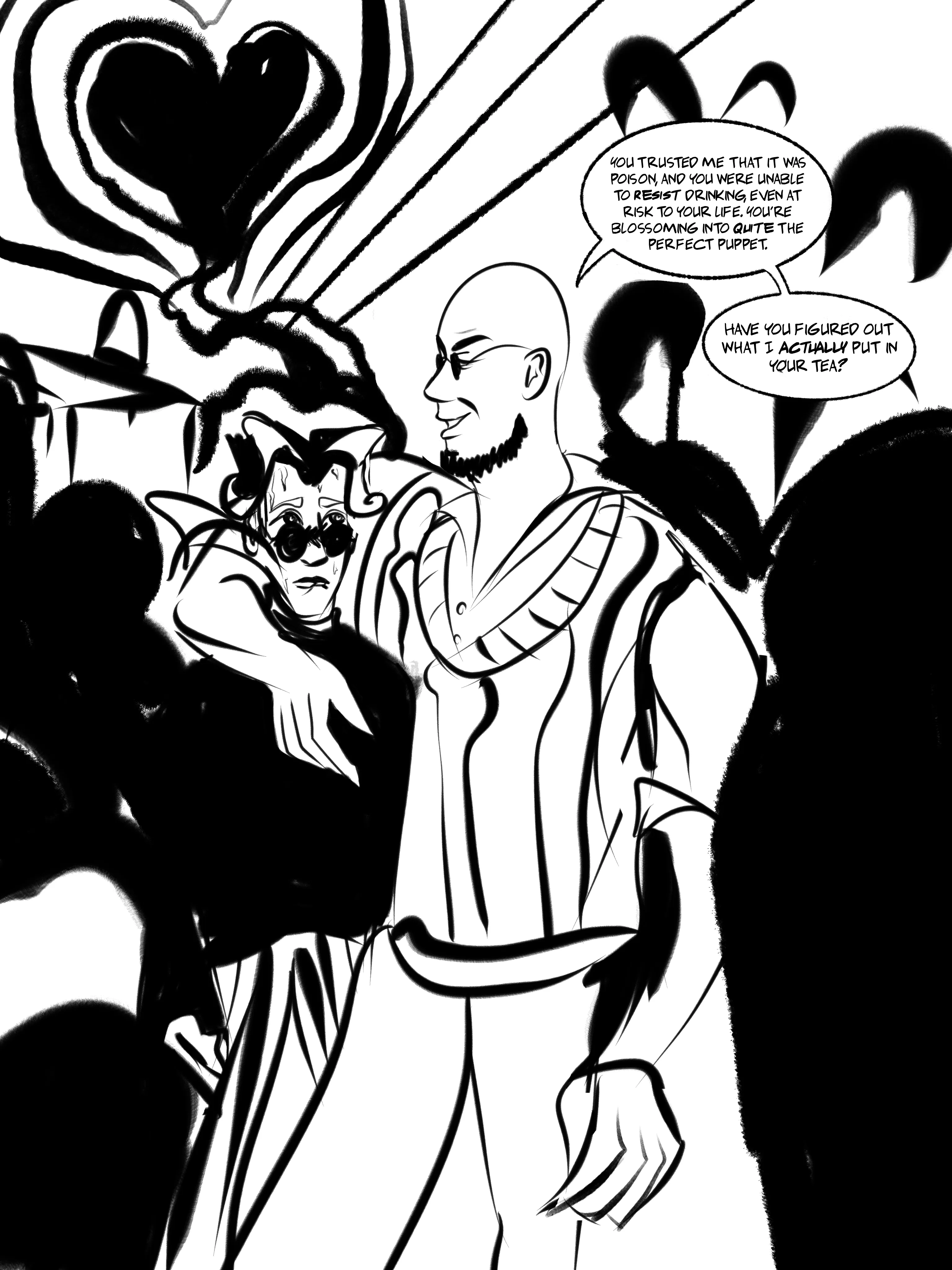 A full-page comic panel. Hugo walks with an arm around Mat who is blushing profusely. A swirly heart comes from them, indicating their arousal. Hugo: 'You trusted me that it was poison, and you were unable to resist drinking, even at risk to your life. You're blossoming into quite the perfect puppet. Have you figured out what I actually put in your tea?