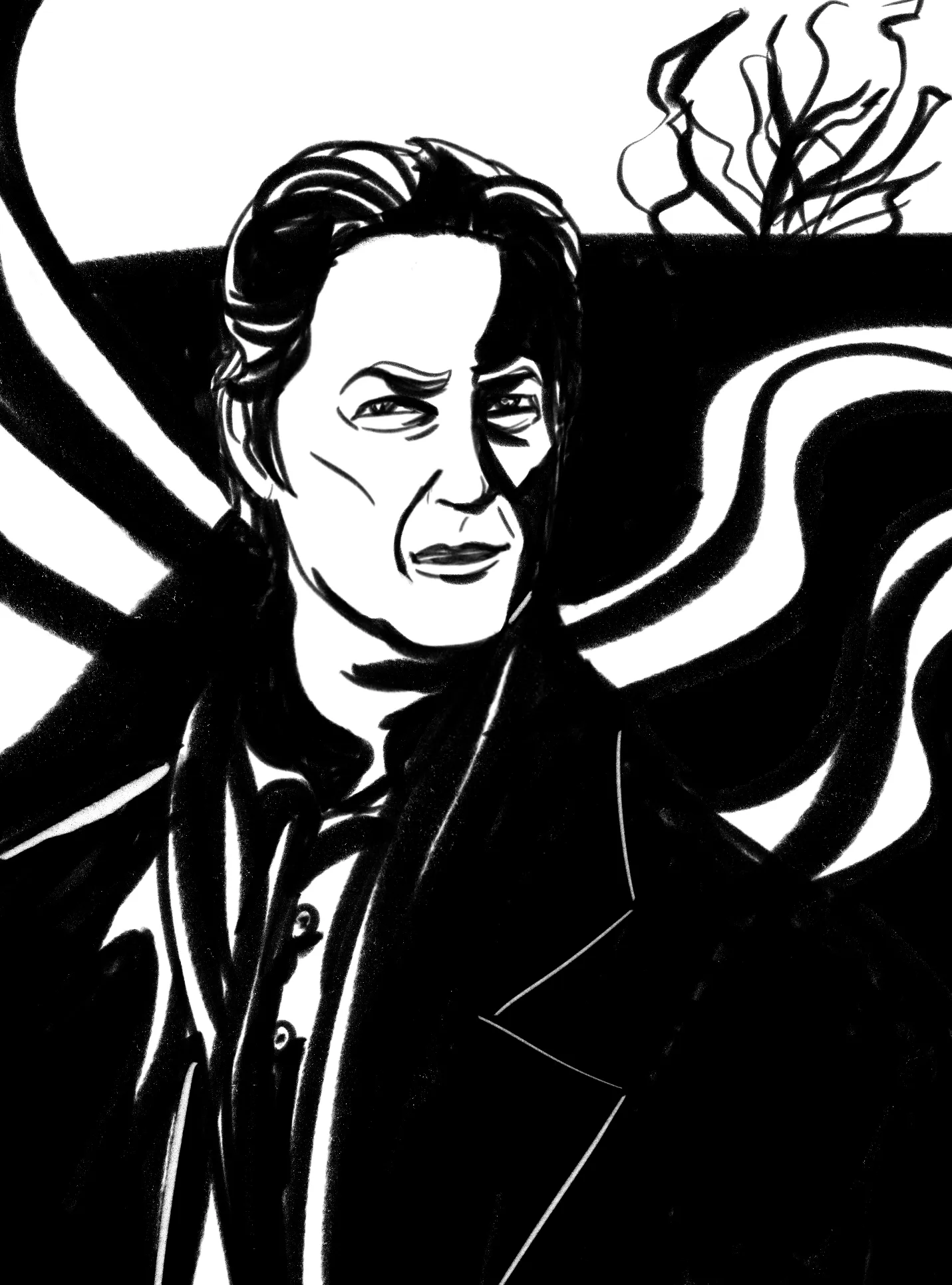 An ink sketch portrait of Robert California, with a swirly background.