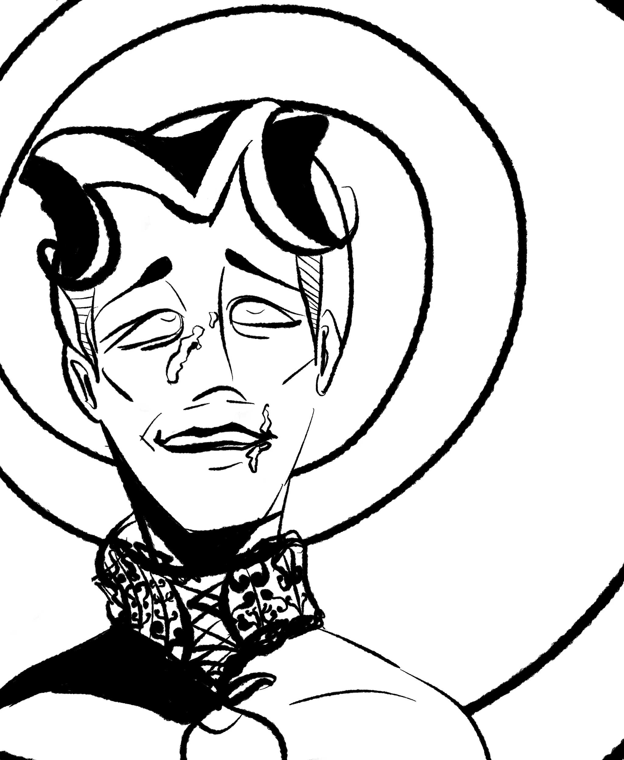 Black and white ink portrait of Mat Finish, face covered in cum, smiling up at an unknown person (implied to be Hugo Strange, since they are wearing the lacy collar he gives them in my Hugo/Manikin timeline). Background is a thin spiral.