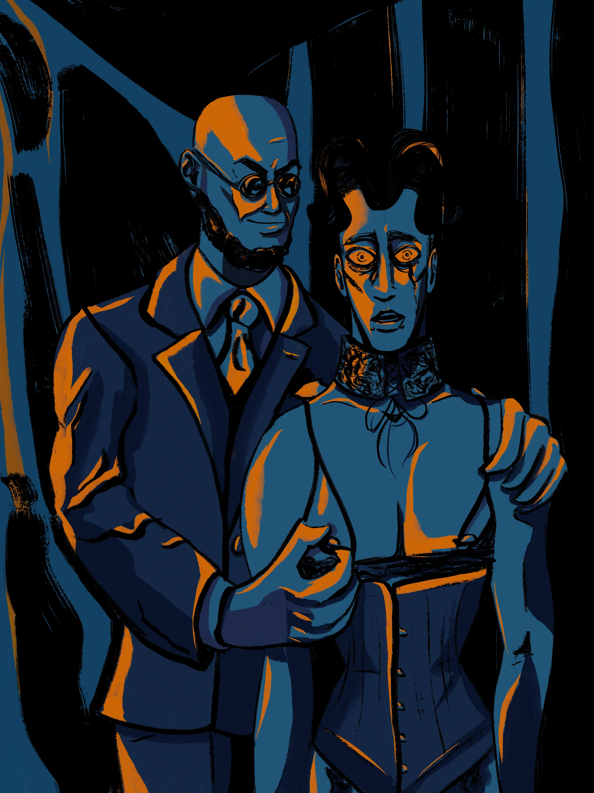 An inked piece with blue and orange lighting. Mat stands horrified and teary in a corset, lingerie and lacy collar. Behind them, Hugo Strange (in a suit) smiles while he twiddles one of their nipples and holds them by the shoulder.