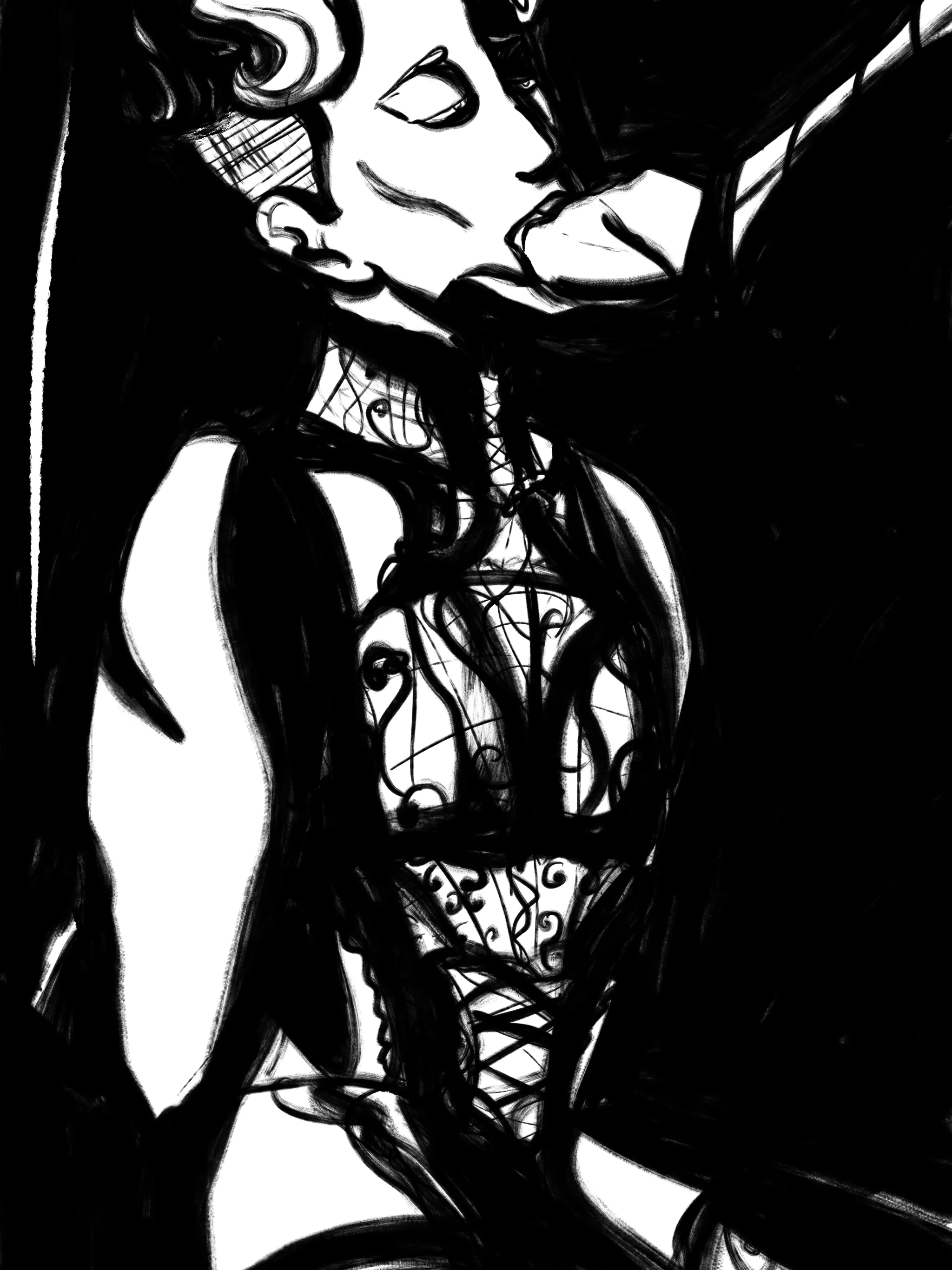 Mat on their knees in the Manikin lingerie, sucking on Hugo's fingers (Hugo is offscreen so we just see his sleeve and hand).