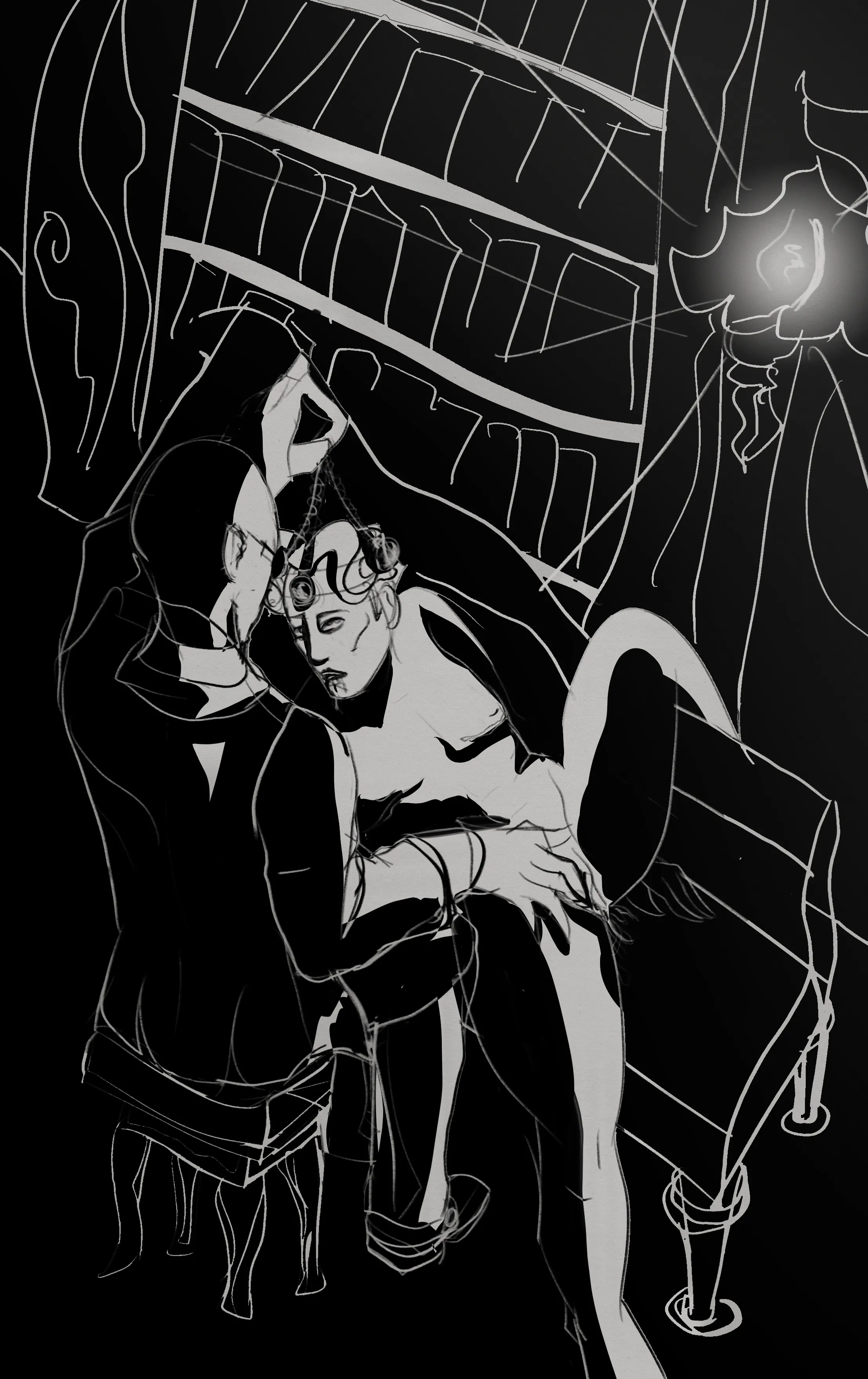 Black and white ink drawing - mostly light ink on a black background, creating a dreamlike quality. Upper shot with a lot of the background of Hugo's office, with a big bookcase and glowing sconce light. Mat is naked and lying on a fainting couch. They are hypnotised by Hugo (mostly in shadow) with a pocket watch. He strokes their pussy.