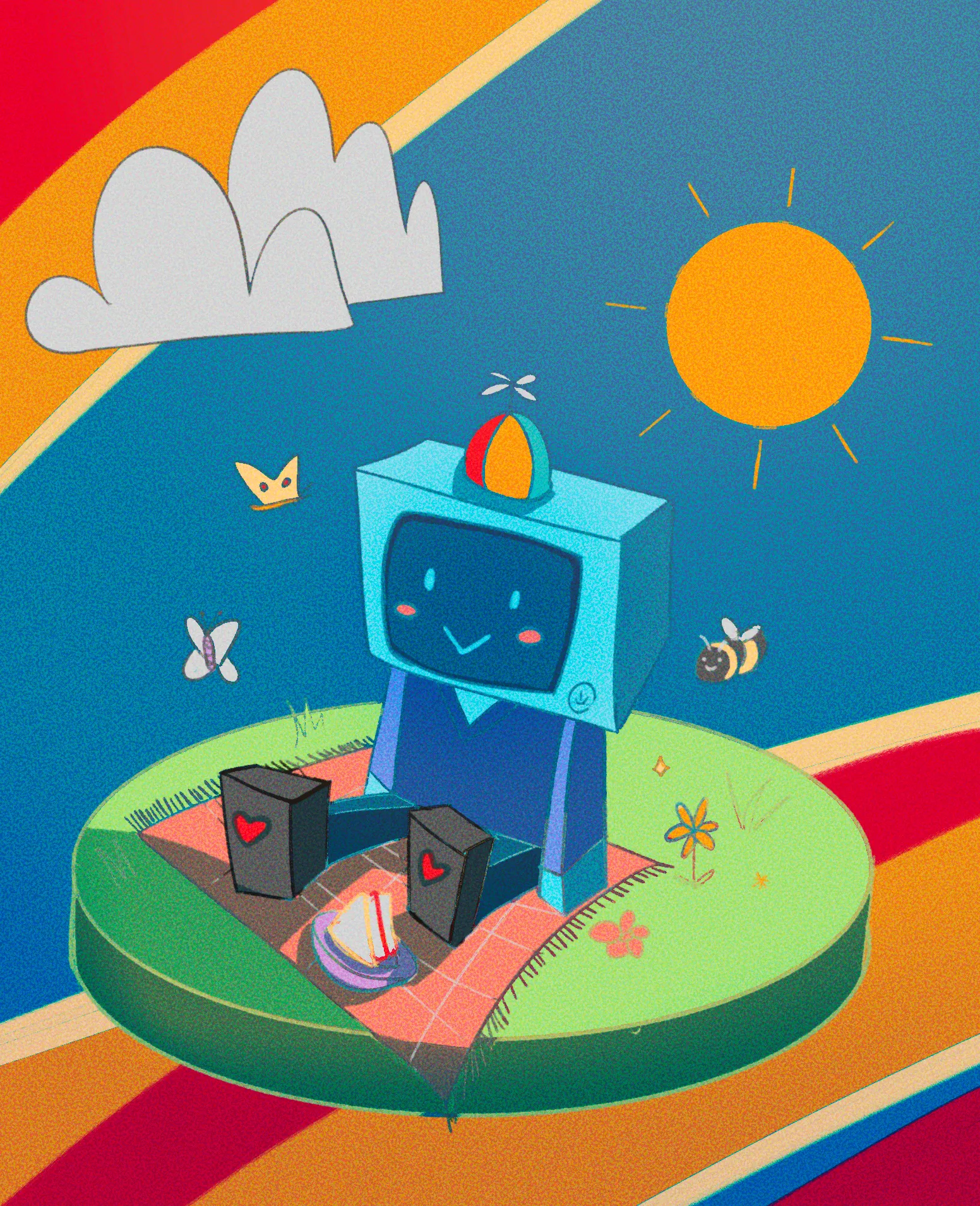 it's a little robot! he wears a propeller hat. he is sitting on a circle covered in grass and flowers, with bugs around him. he has a picnic blanket and a plate with a jam sandwich. the background is abstract with cartoon clouds and sun.